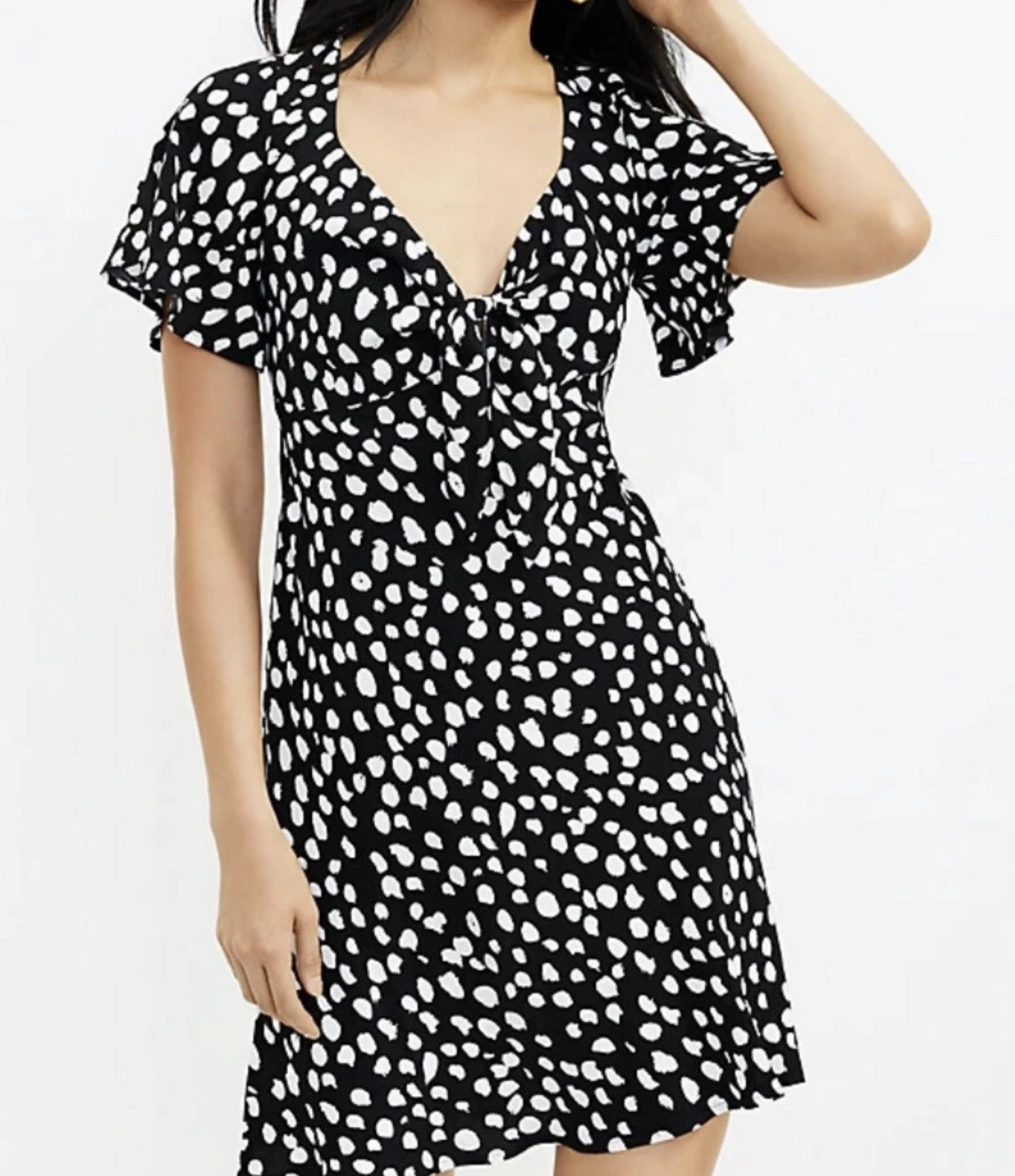 NWT Ann Taylor Loft Black White Spotted Tie V Neck Short Sleeve Dress Size PS SP