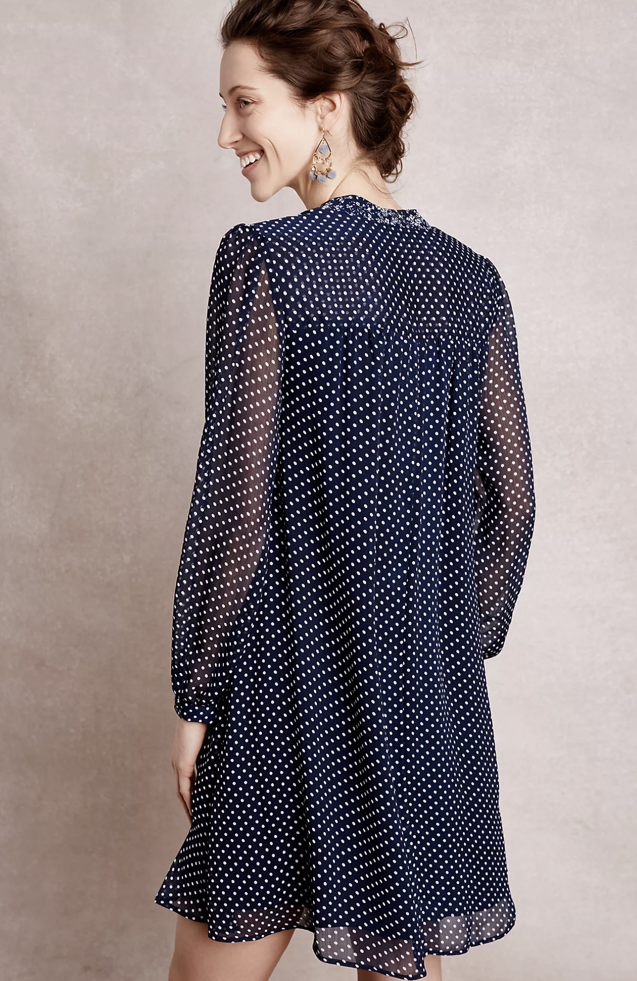 11 1 Tylho Anthropologie Isla Chiffon Polka Dot Tie Neck Shift Dress Size S Navy