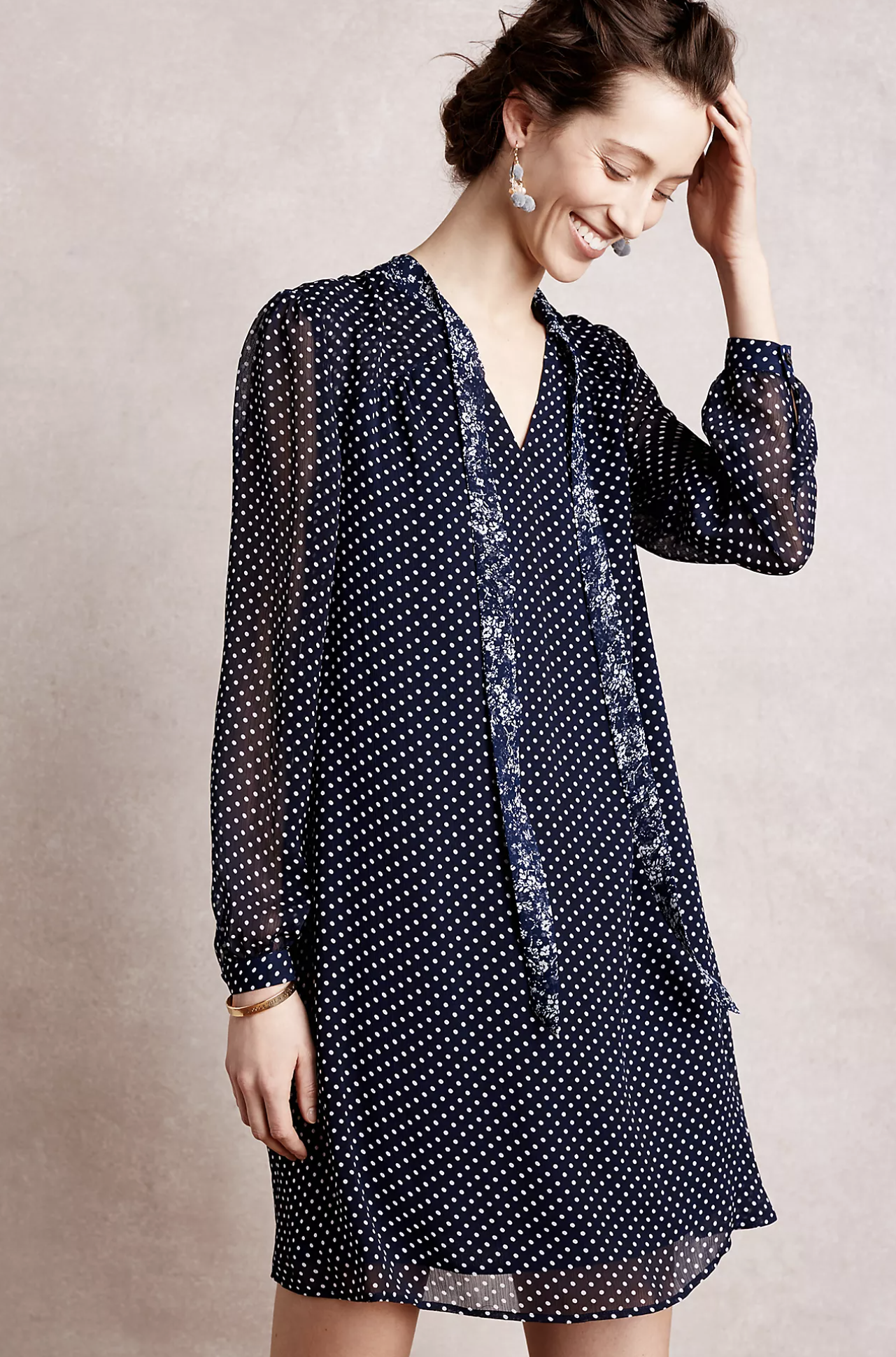11 1 Tylho Anthropologie Isla Chiffon Polka Dot Tie Neck Shift Dress Size S Navy