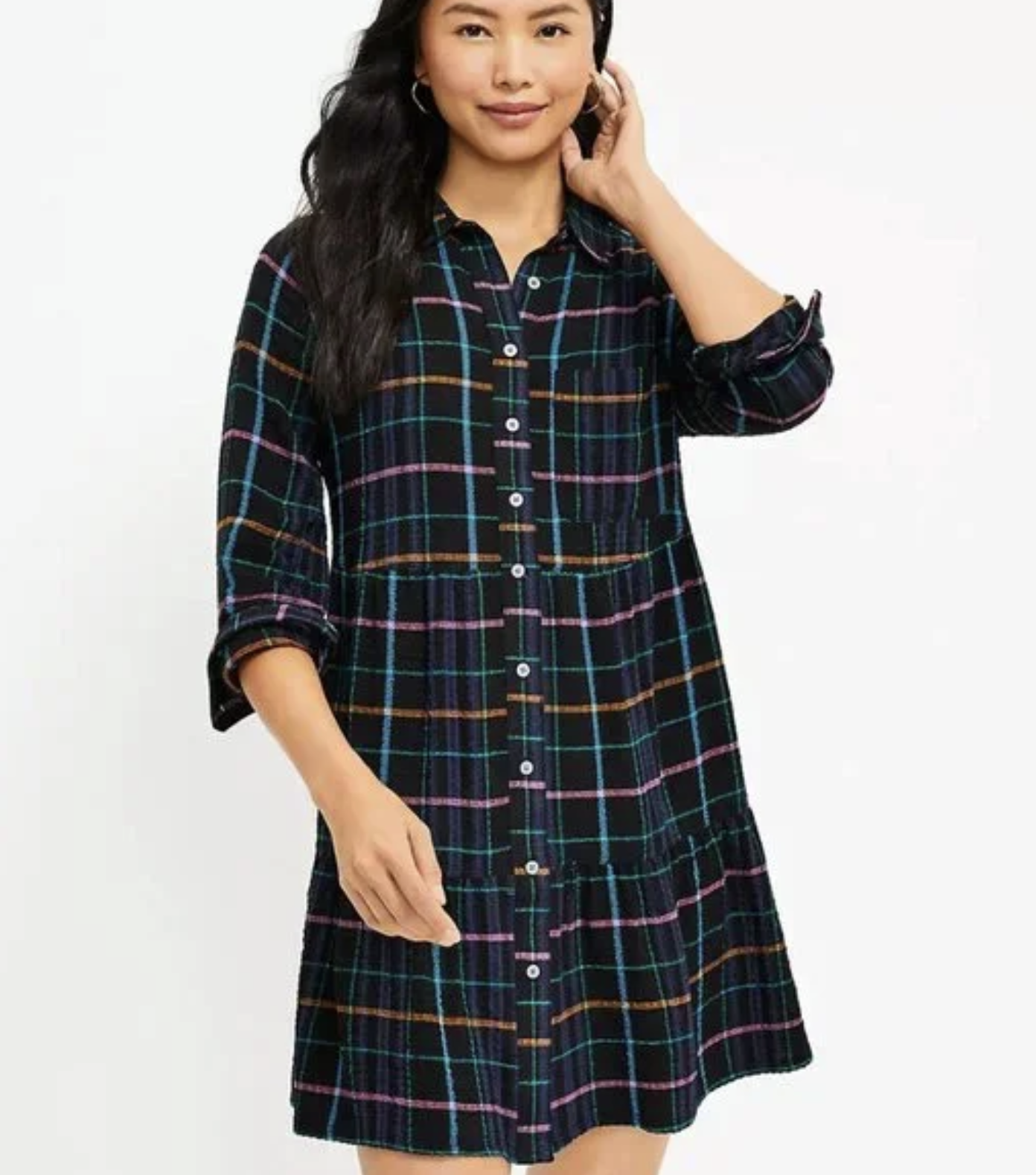 Ann Taylor Loft Plaid Button Front Tiered Pocket Shift Shirt Dress S Black Blue