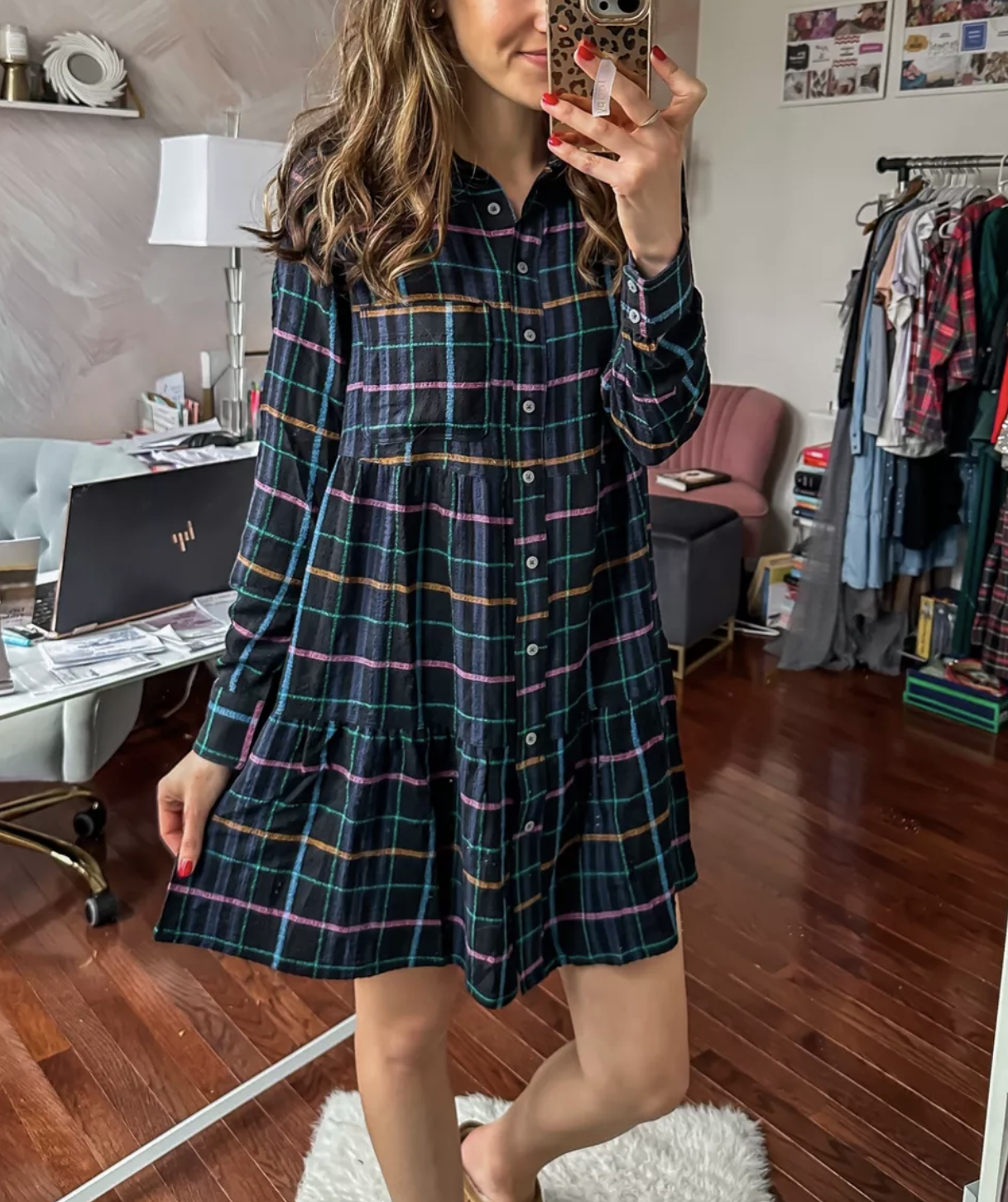 Ann Taylor Loft Plaid Button Front Tiered Pocket Shift Shirt Dress S Black Blue