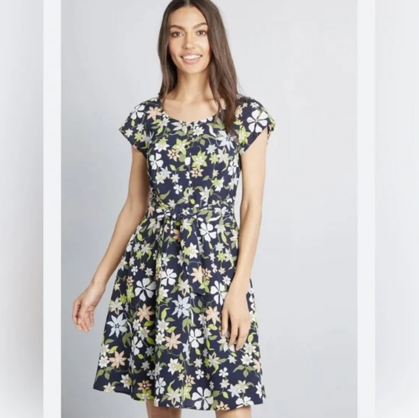 Modcloth Navy Blue Green Floral A Line Tie Waist Dress Size 2X Short Sleeve
