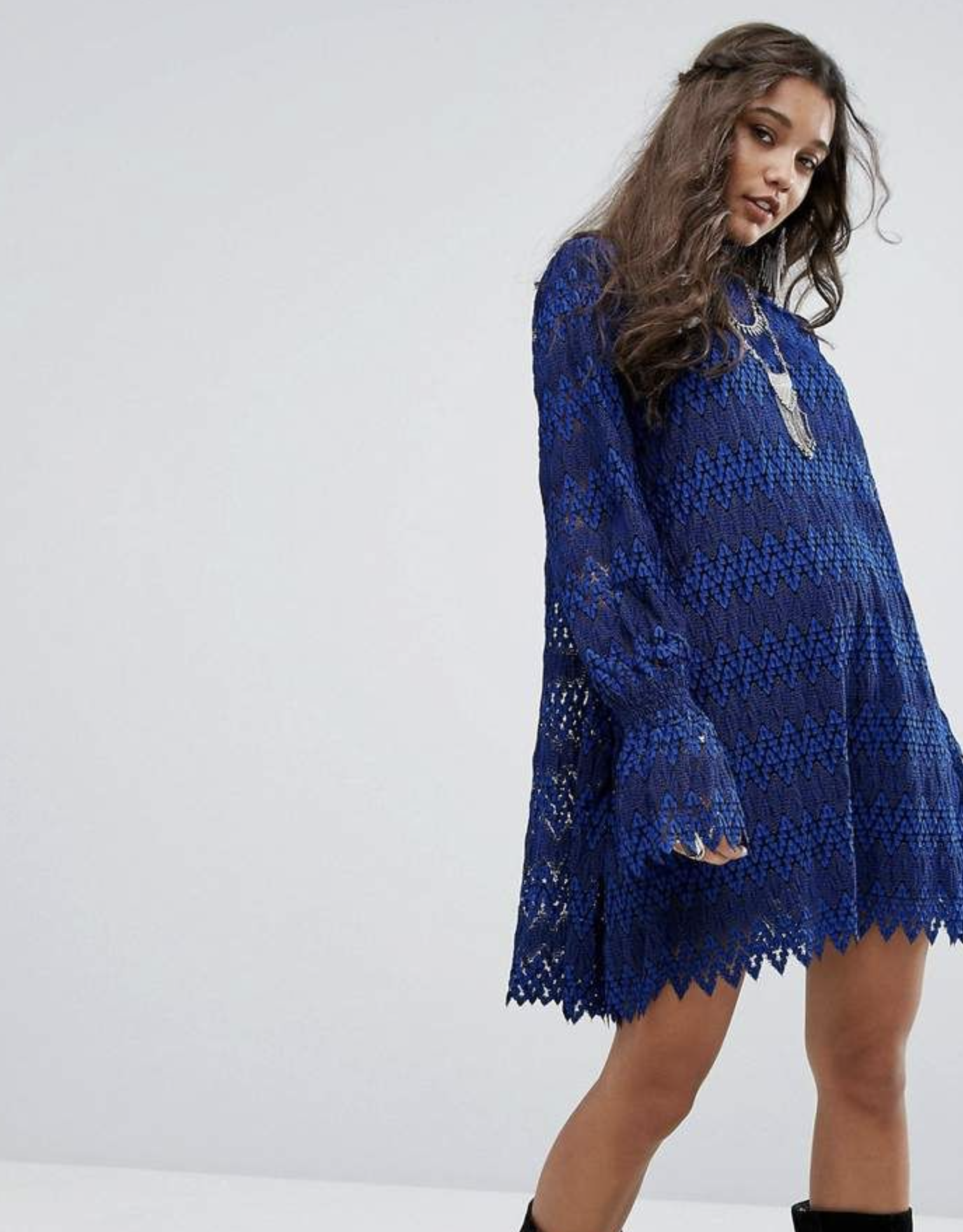 NWT Free People Simone Blue Crochet Lace Mock Neck Shift Swing Dress Size M