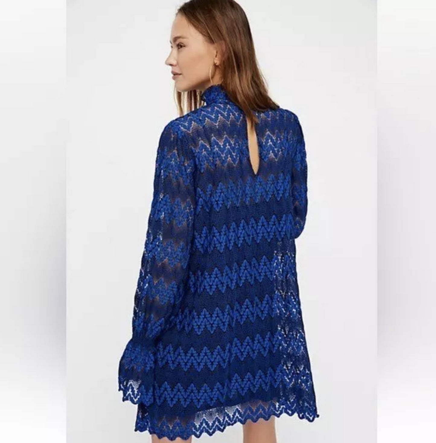 NWT Free People Simone Blue Crochet Lace Mock Neck Shift Swing Dress Size M