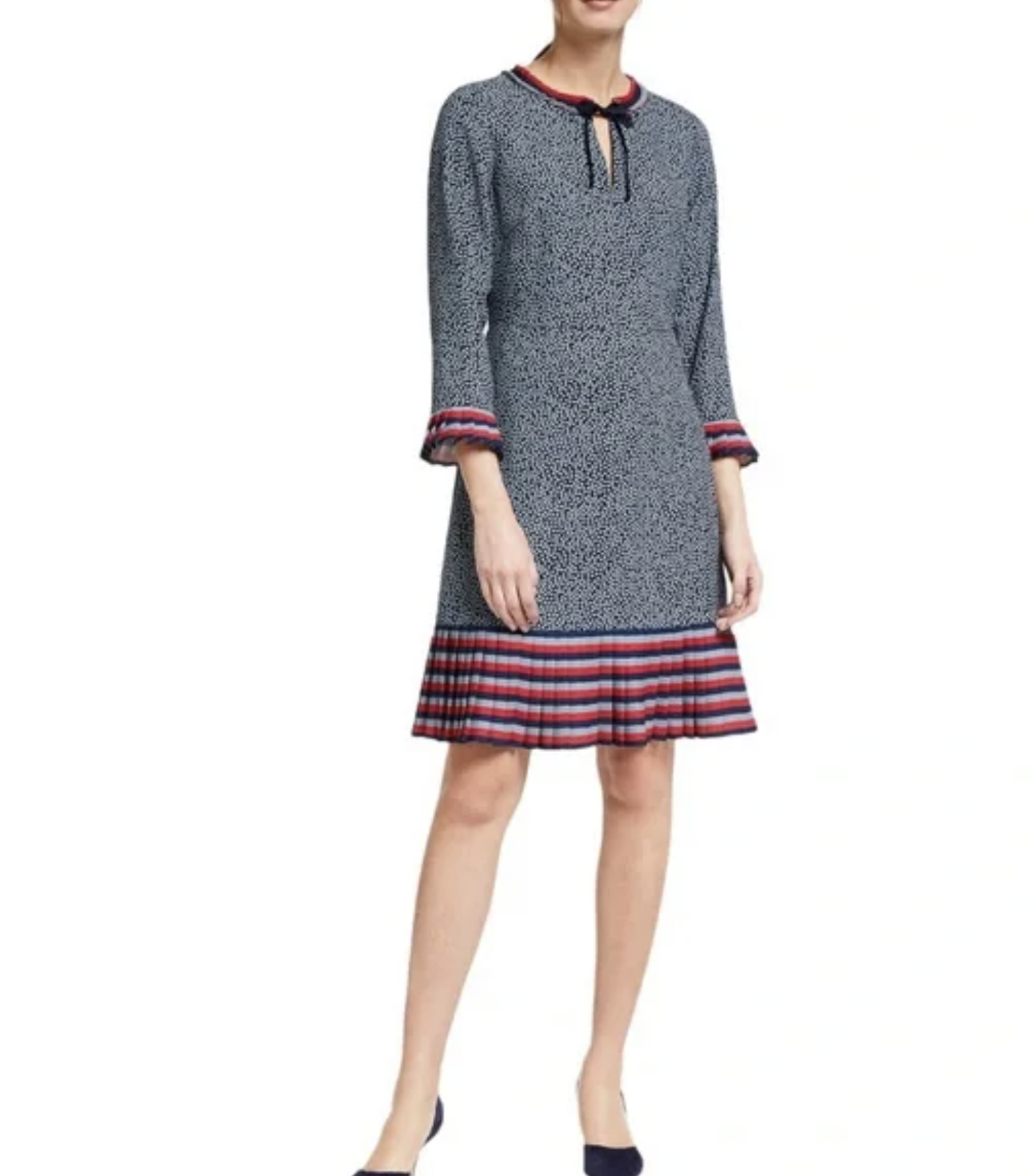 Boden Lara Spotted Striped Pleated Flounce Hem Dress Size US 8r 8 Navy Blue