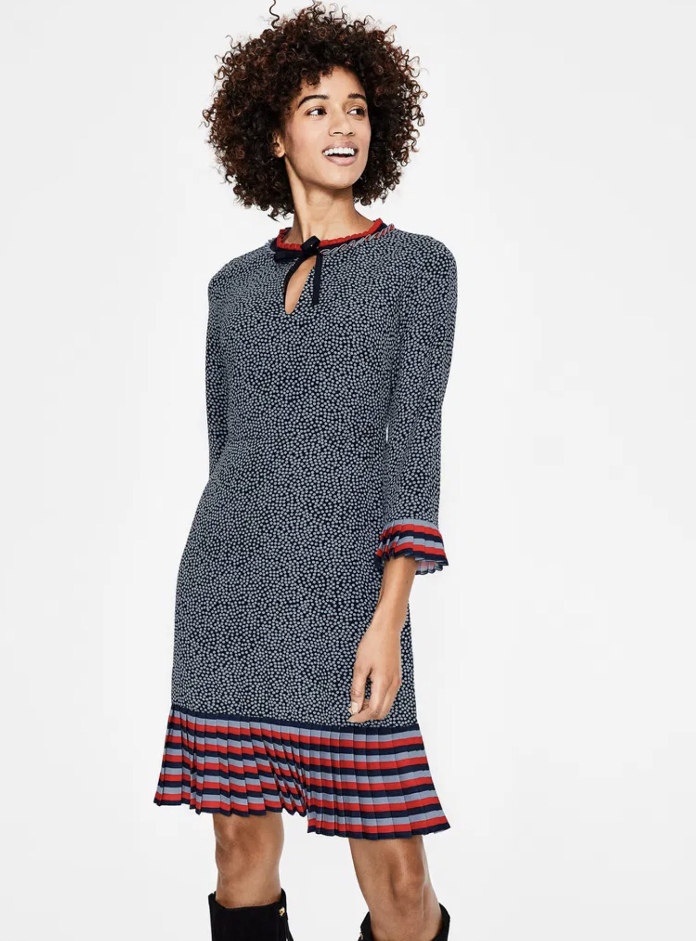 Boden Lara Spotted Striped Pleated Flounce Hem Dress Size US 8r 8 Navy Blue