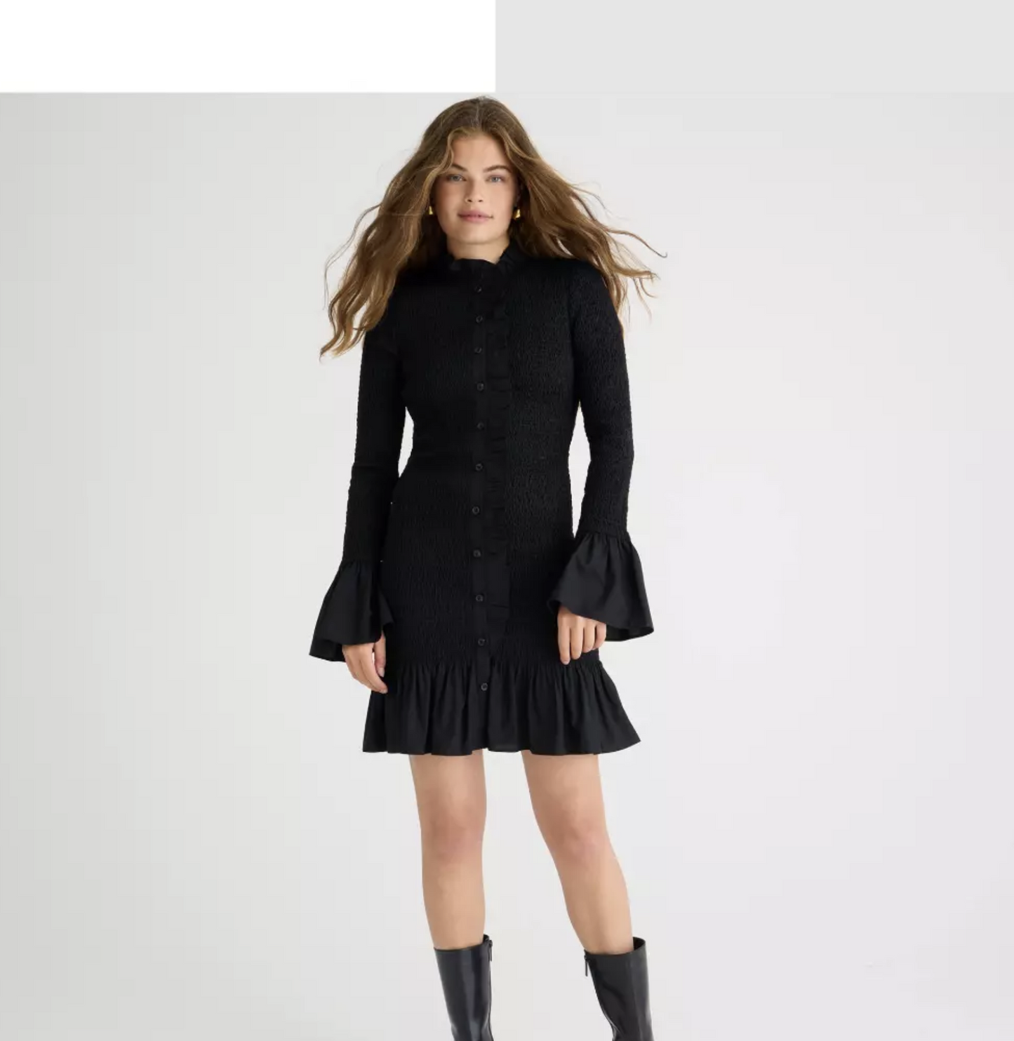 J Crew Black Smocked Button Up Front Ruffle Bell Sleeve Mini Dress Size S
