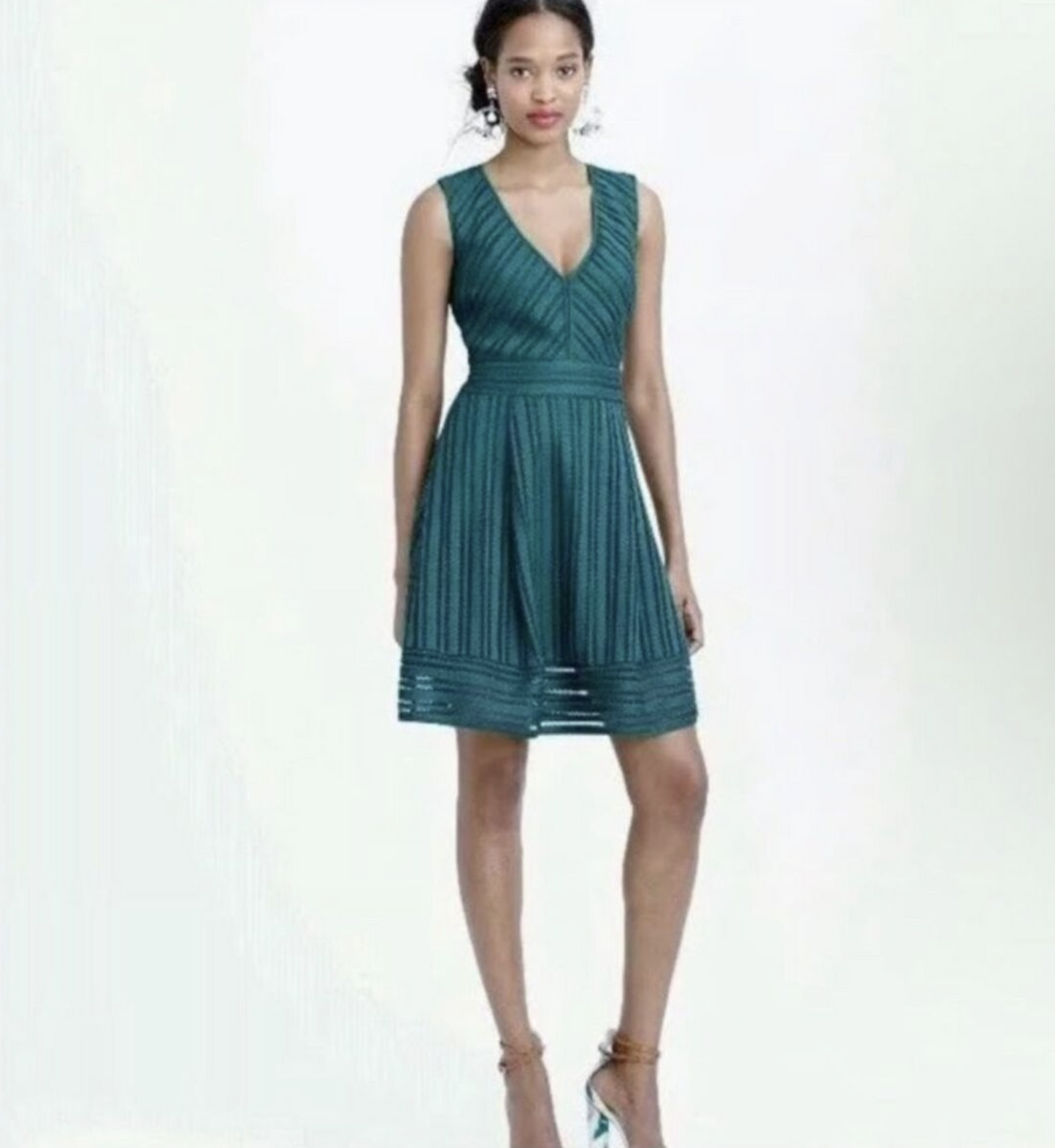 NWT J Crew Womens Green V Neck Eyelet Striped A Line Fit and Flare Dress Size 8