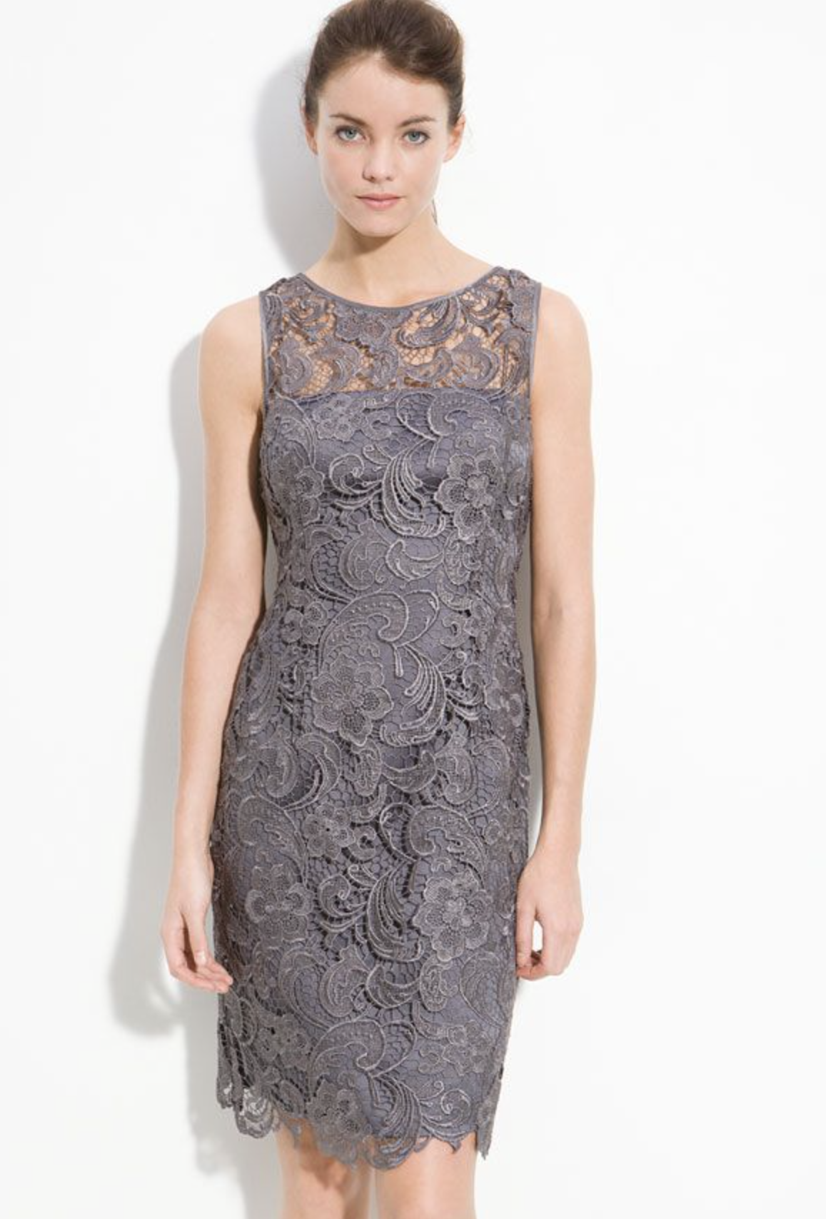 Adrianna Papell Gray Floral Lace Illusion Sheath Dress Size 6 Cocktail Party