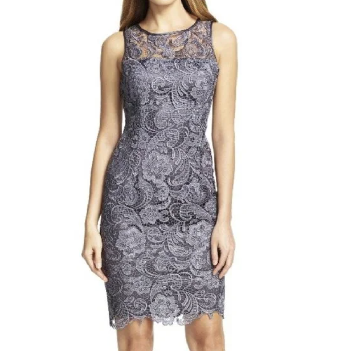 Adrianna Papell Gray Floral Lace Illusion Sheath Dress Size 6 Cocktail Party