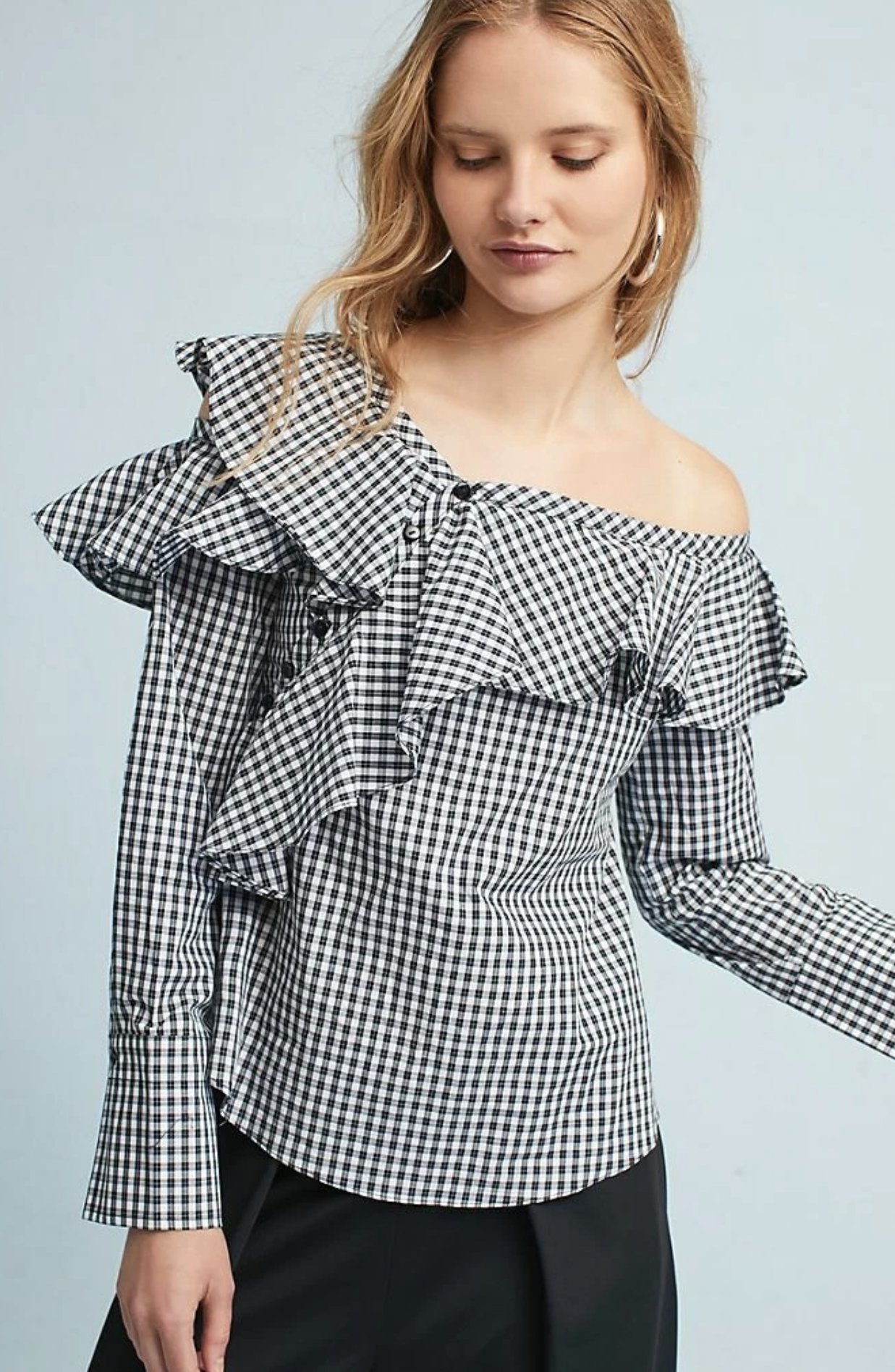 Sunday in Brooklyn Anthropologie Ruffle Asymmetric Plaid Top One Shoulder Size S