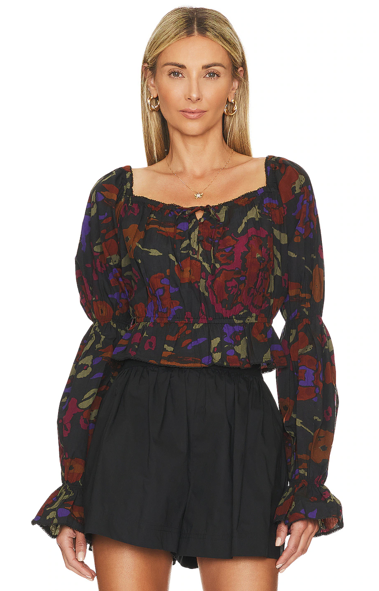 Cleobella Jasmine Smocked Long Sleeve Cropped Top Blouse Size S Garden Floral