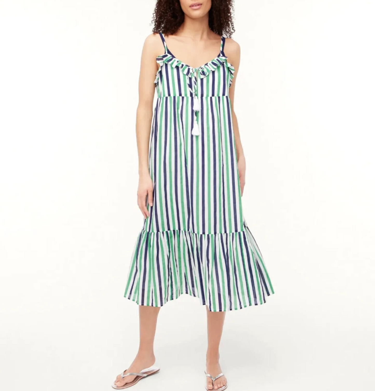 NWT J Crew Ruffle Striped Poplin Midi Dress Swim Cover Up Size XS Green White