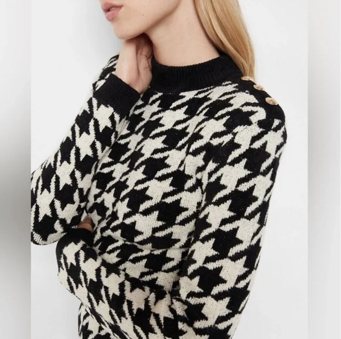 NWT Express Black Cream Houndstooth Mock Neck Mini Fitted Sweater Dress Size S