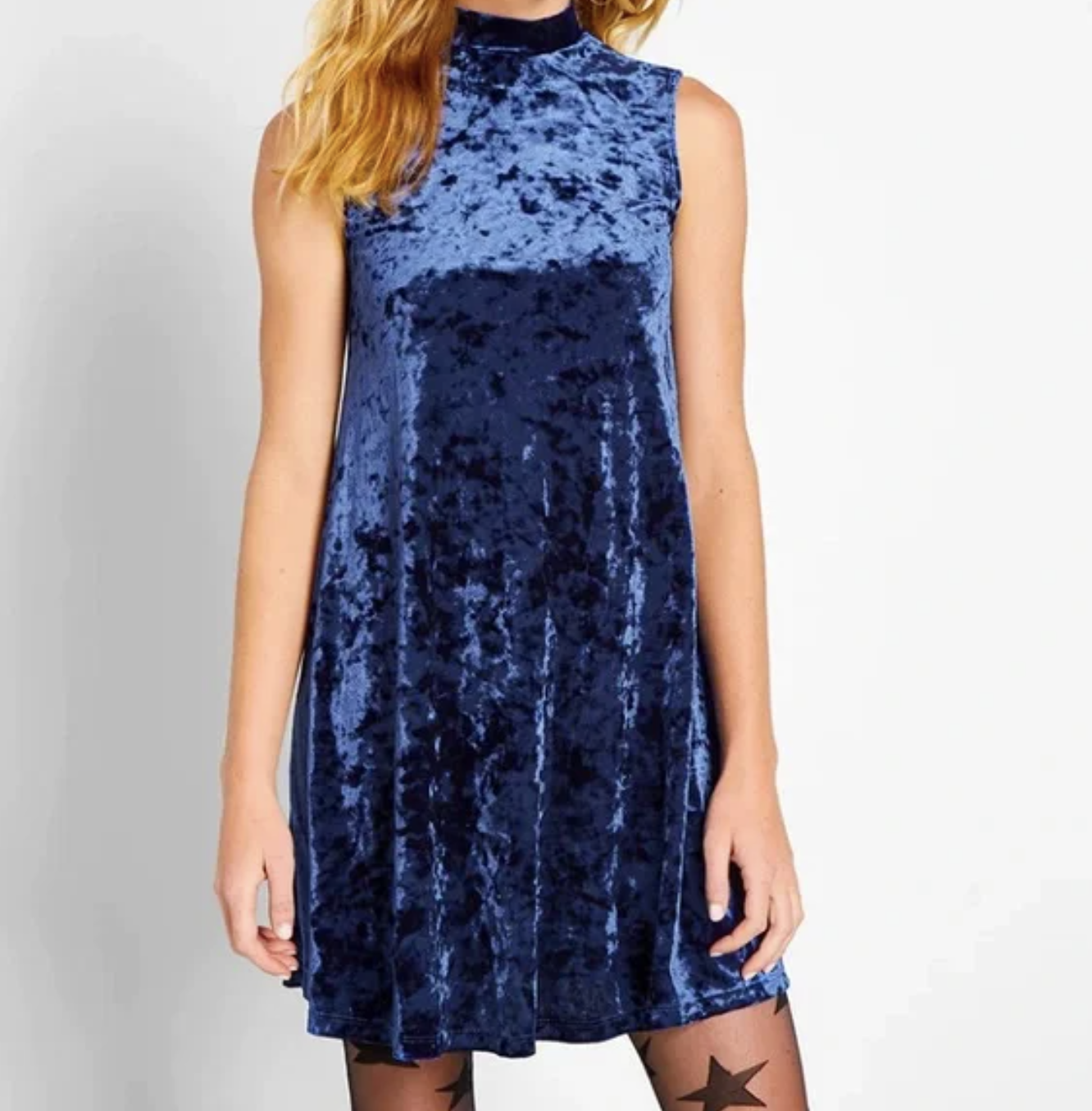 NWT Modcloth Blue Crushed Velvet Mock Neck Swing Dress Size M Sleeveless