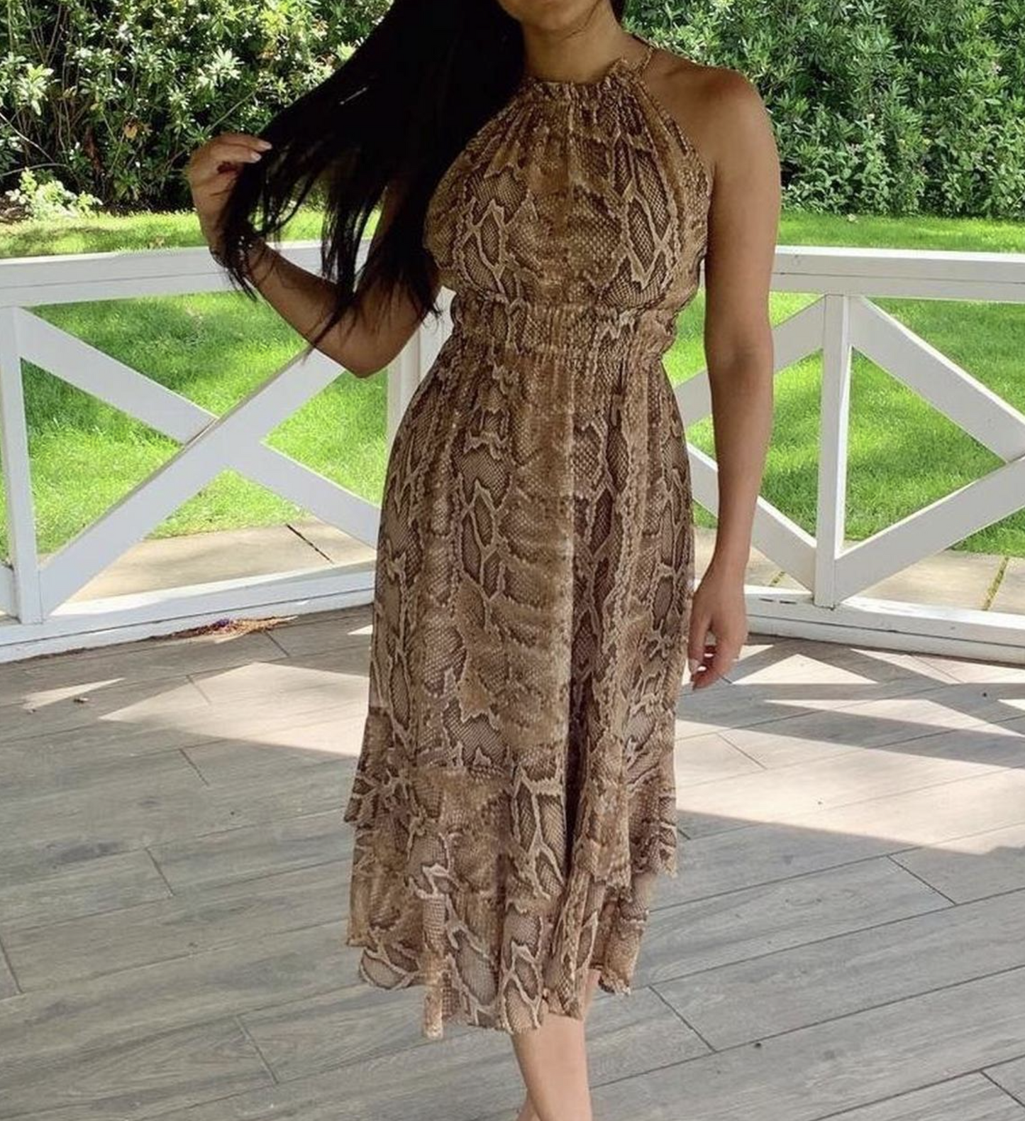 Zara Tan Snakeskin Print Smocked Halter Flounce Hem Midi Dress Sz XS Sleeveless