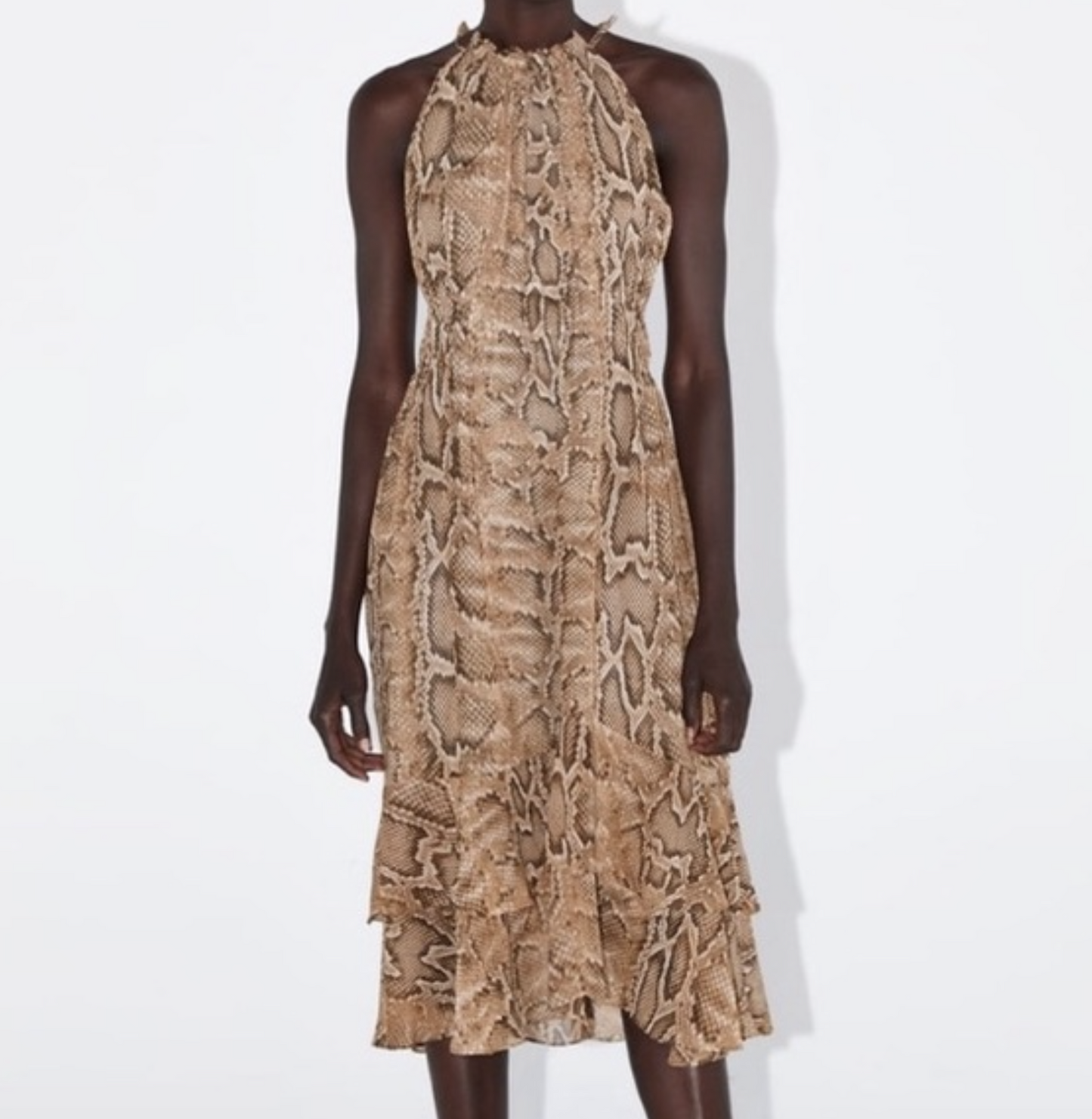 Zara Tan Snakeskin Print Smocked Halter Flounce Hem Midi Dress Sz XS Sleeveless