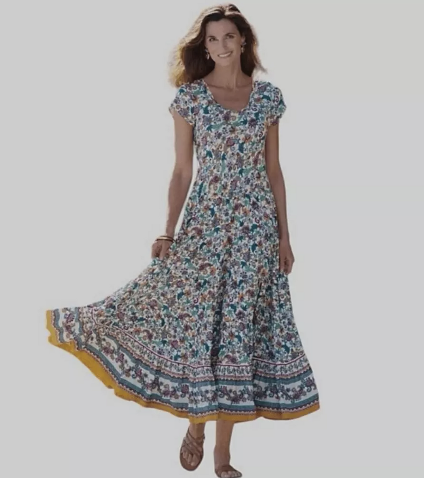 Soft Surroundings Kara Floral Paisley Print Tiered Peasant Maxi Dress Size L