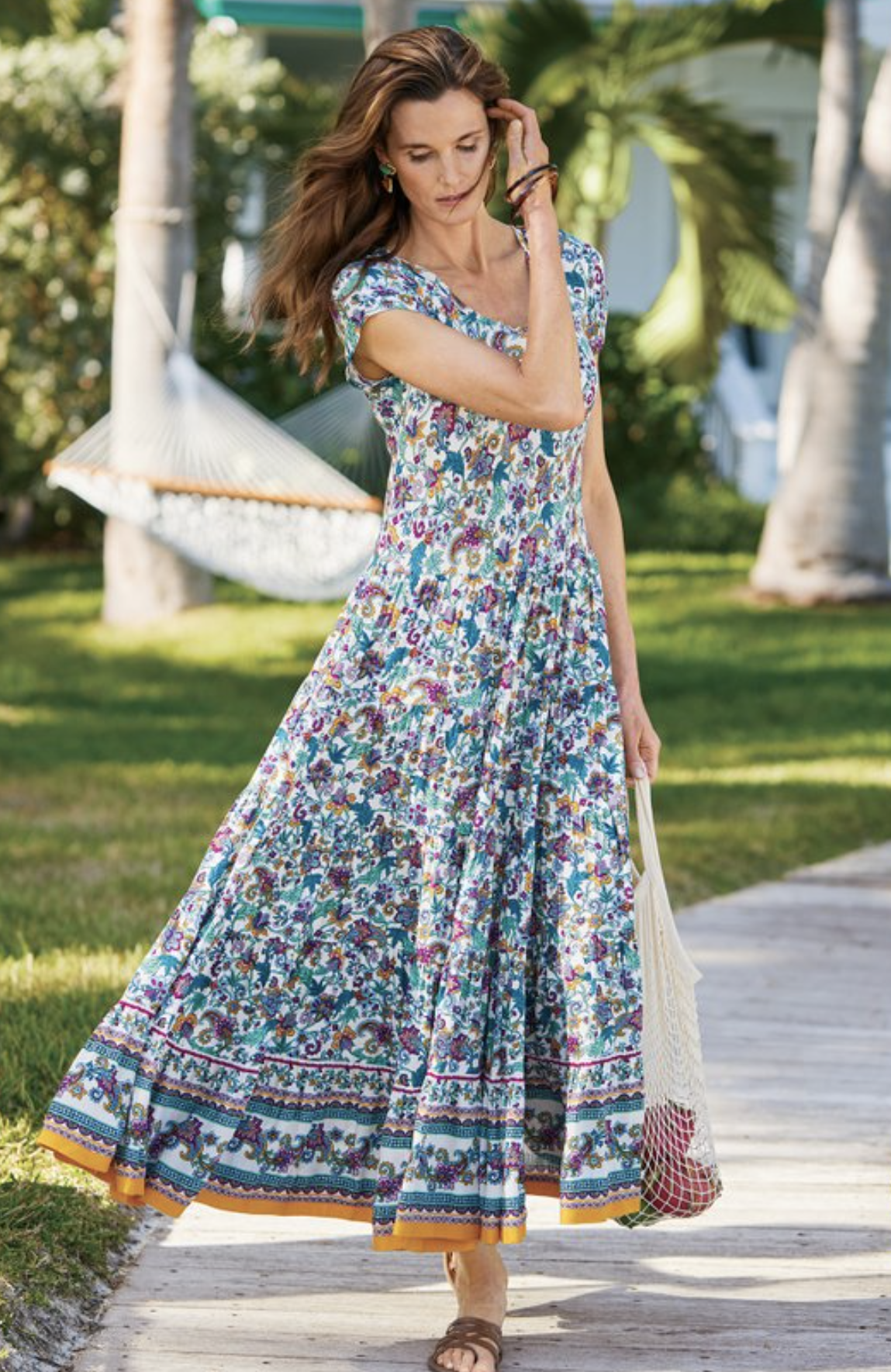 Soft Surroundings Kara Floral Paisley Print Tiered Peasant Maxi Dress Size L