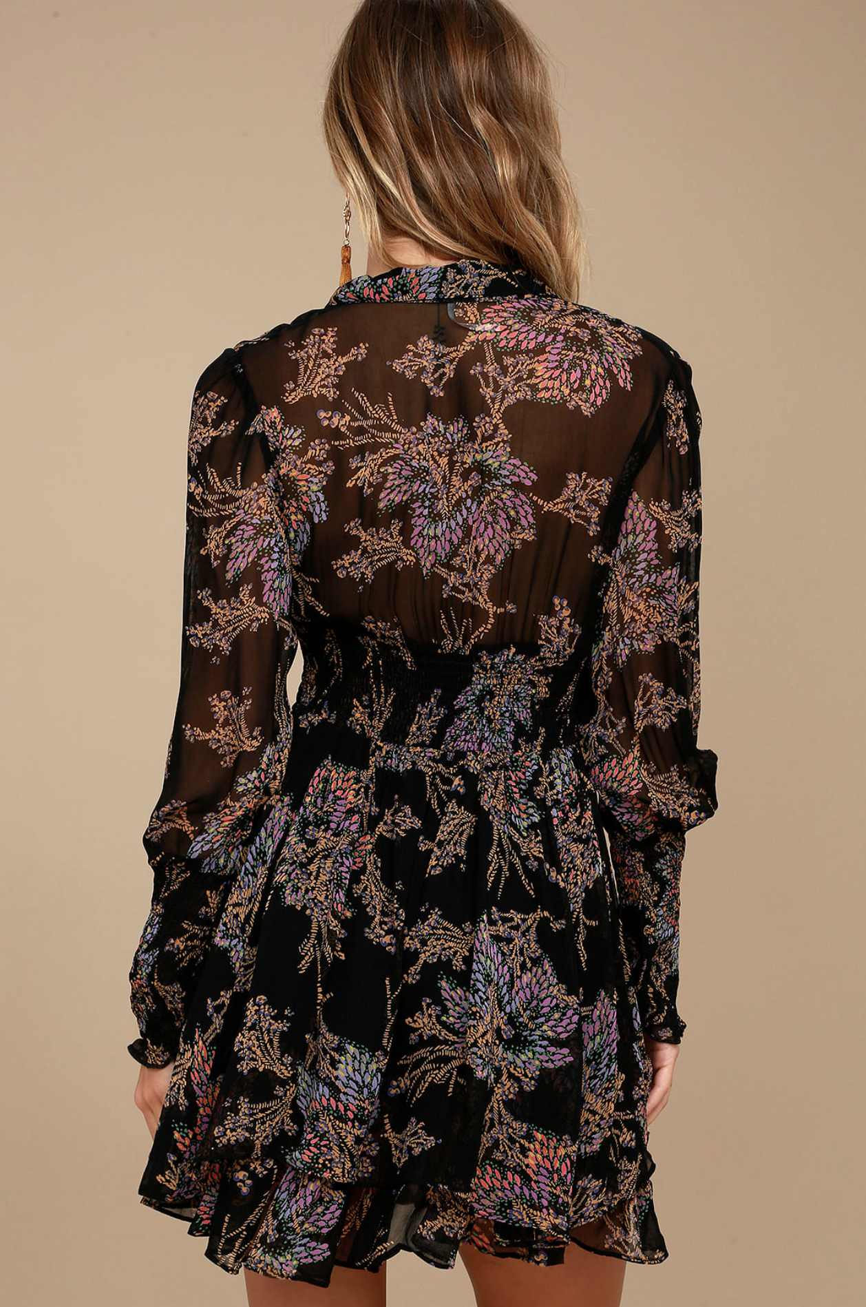 Free People Fake Pretend Black Floral Long Sleeve Smocked Mini Dress Size S