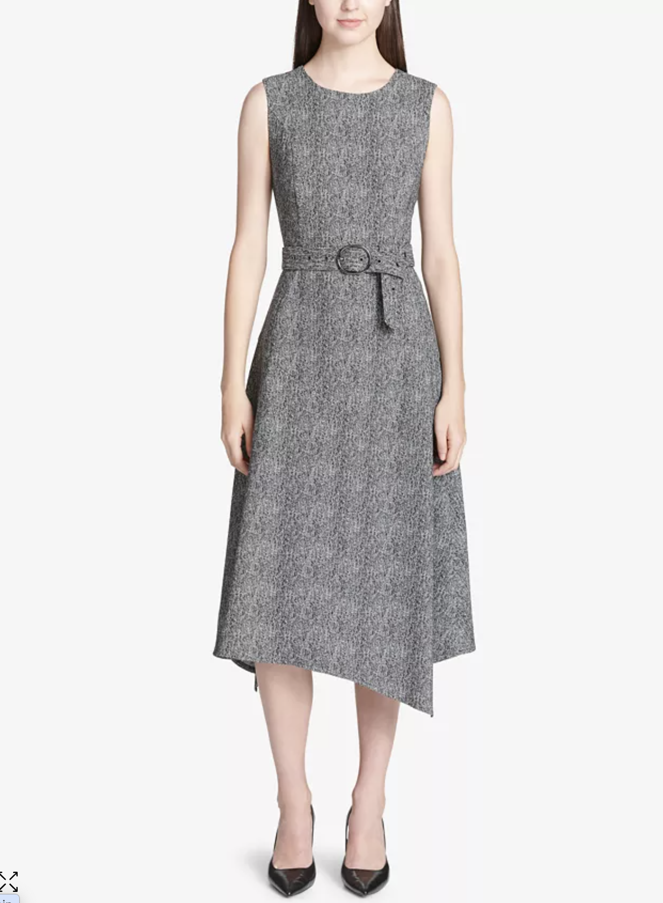 Calvin Klein Gray Herringbone Belted Asymmetrical Hem Midi Dress 6 Black White