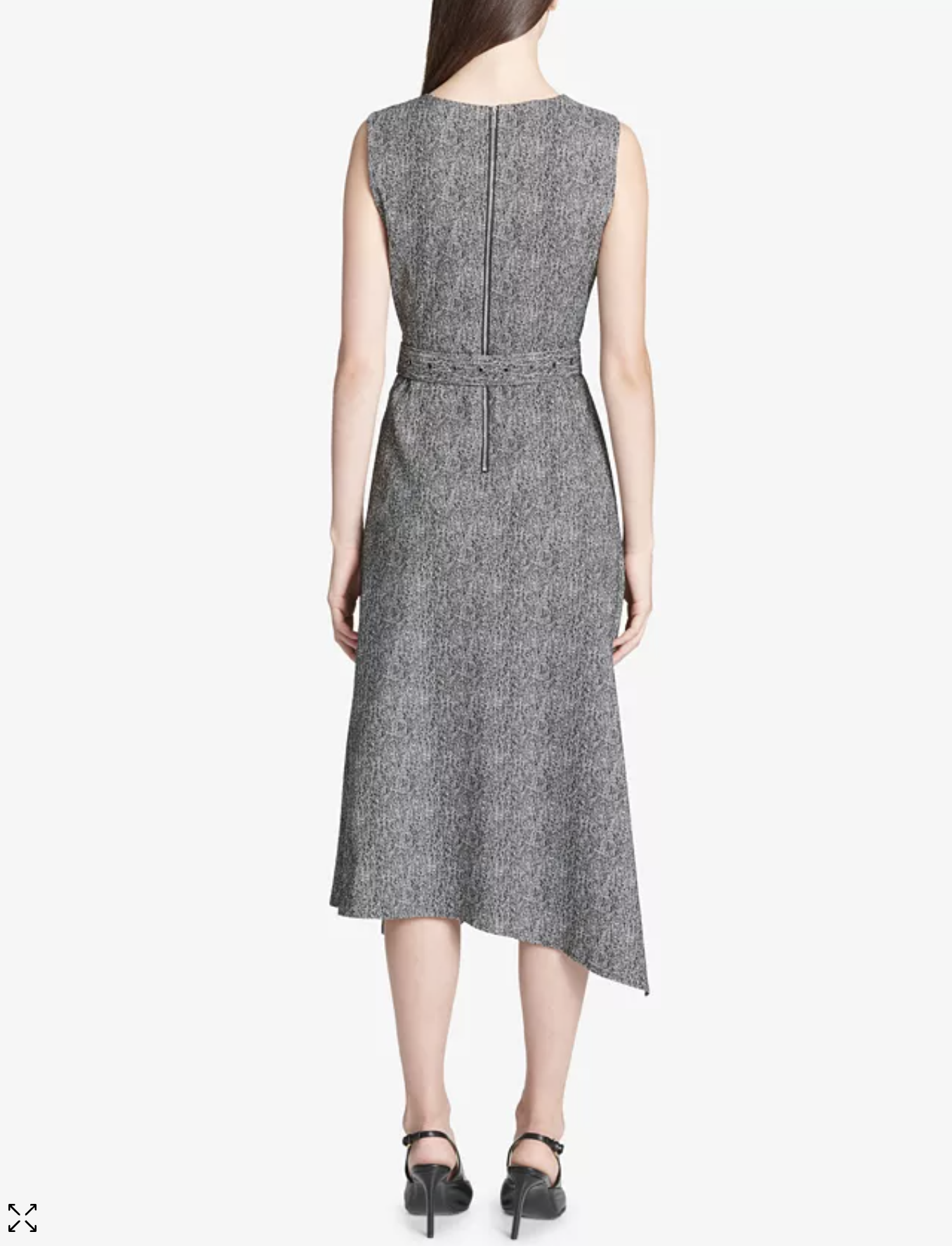 Calvin Klein Gray Herringbone Belted Asymmetrical Hem Midi Dress 6 Black White