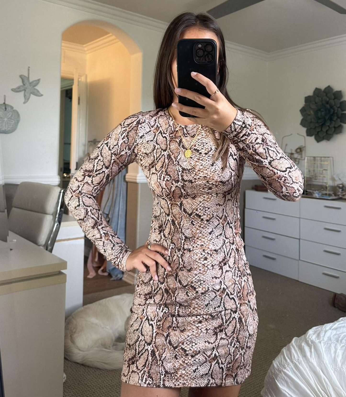 Reformation Long Sleeve Snakeskin Print Fitted Mini Tee Style Dress Size S