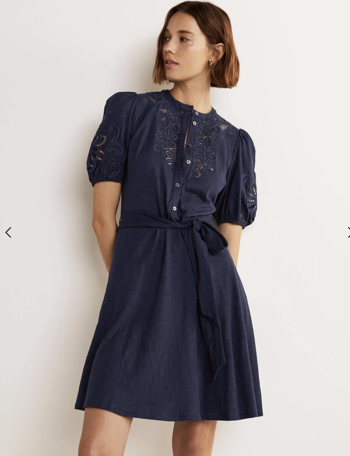 Boden Navy Blue Embroidered Jersey Shirt Dress Size Us 10R 10 Eyelet Puff Sleeve
