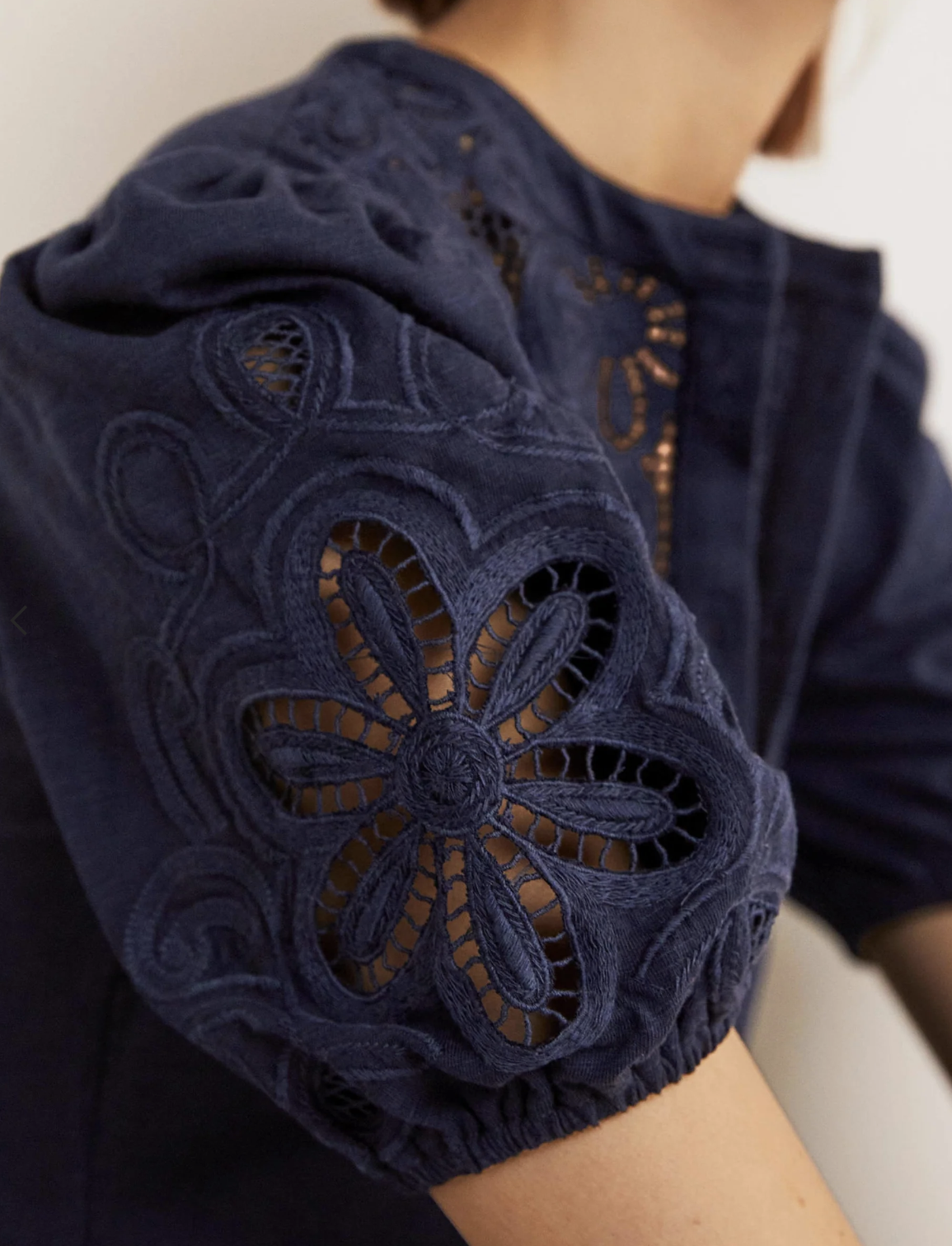 Boden Navy Blue Embroidered Jersey Shirt Dress Size Us 10R 10 Eyelet Puff Sleeve