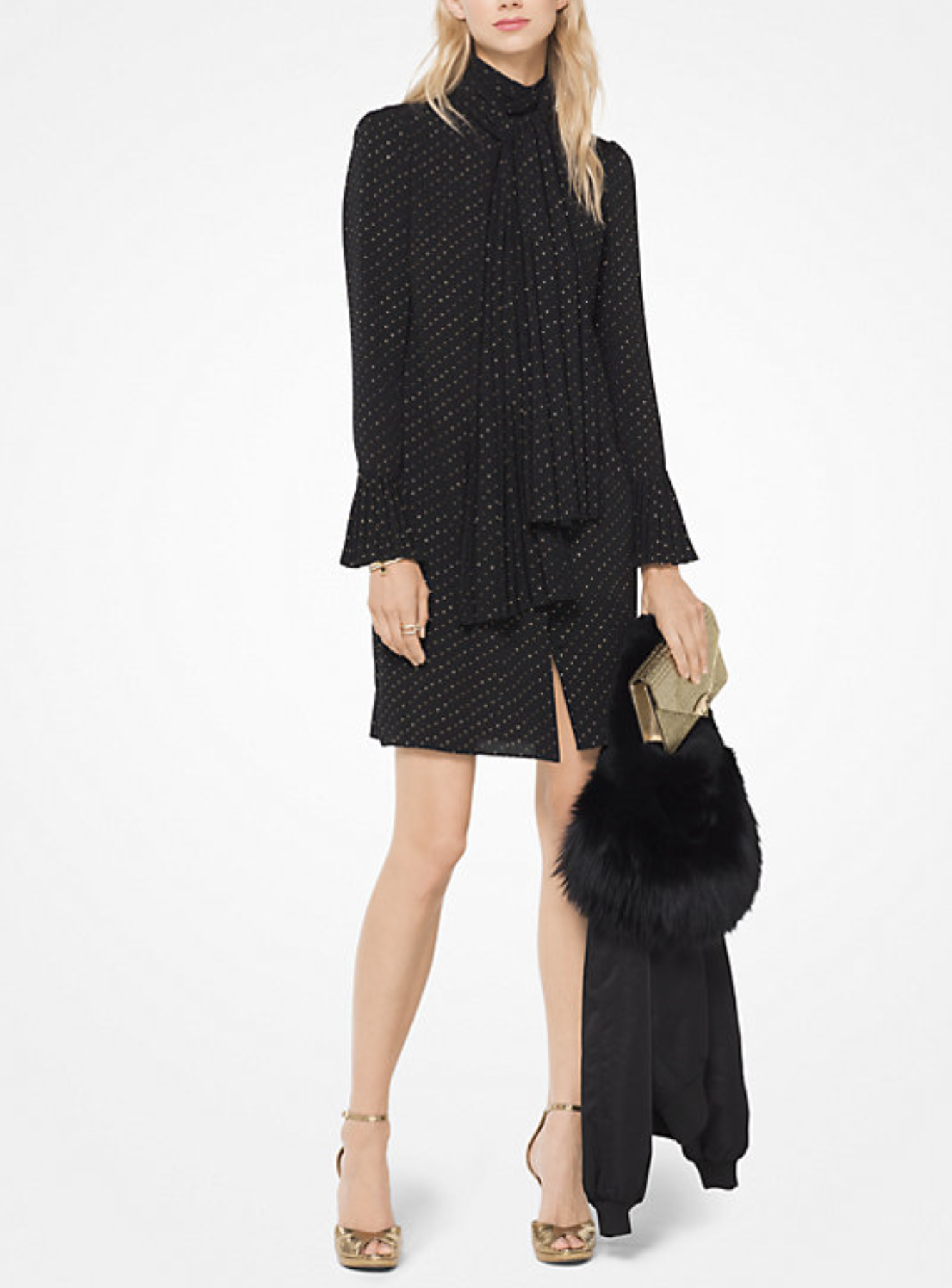Michael Kors Black Gold Metallic Dot Button Front Tie Neck Shift Dress Size S