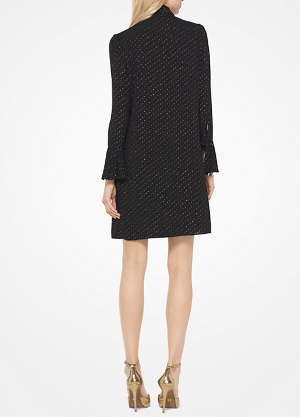 Michael Kors Black Gold Metallic Dot Button Front Tie Neck Shift Dress Size S