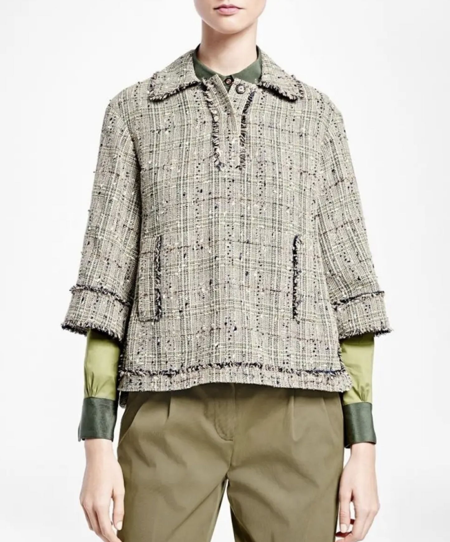 Brooks Brothers Green Multi Color Fringe Tweed Popover Top Blouse Size 2P Career