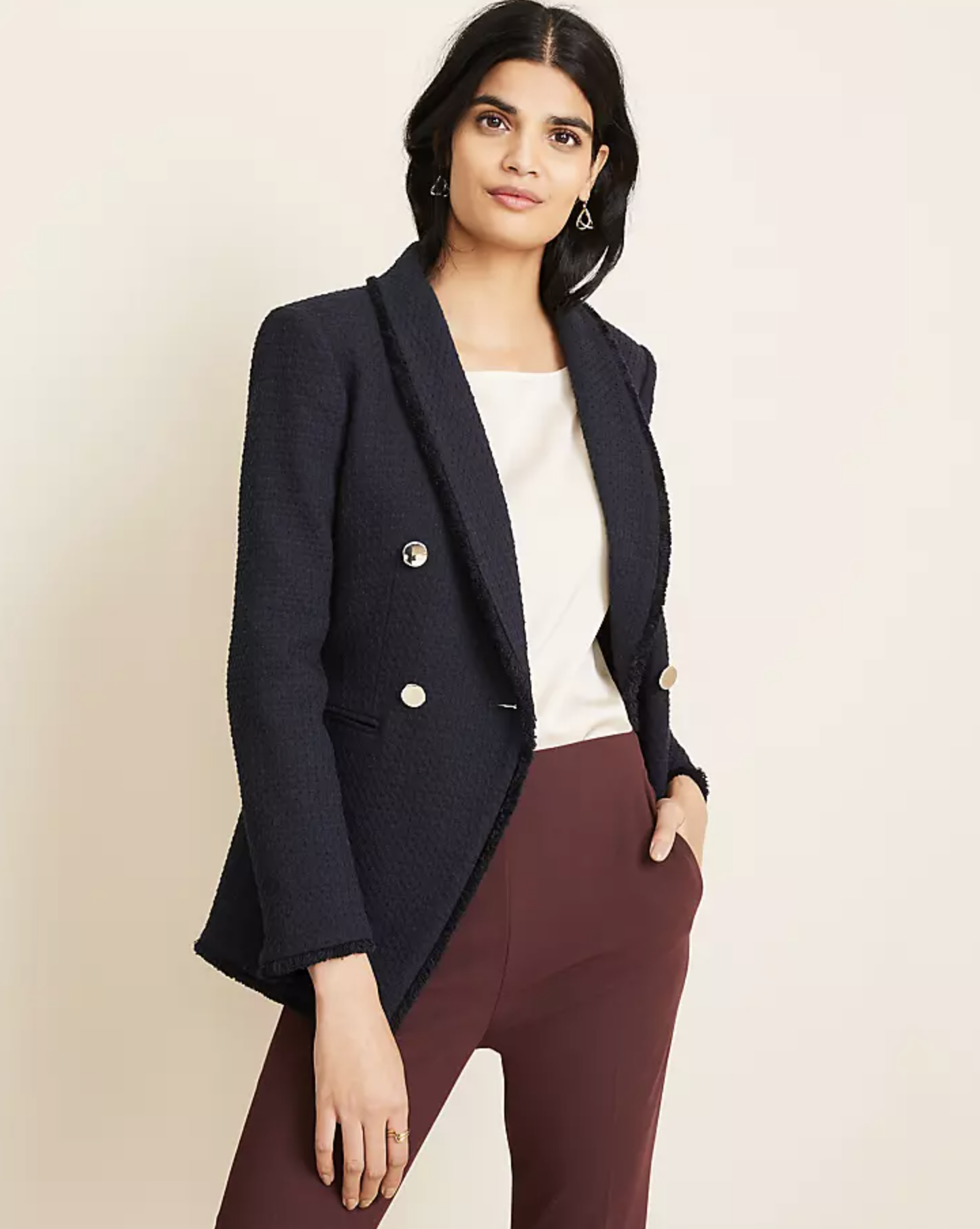 Ann Taylor Navy Blue Black Tweed Fringe Double Breasted Blazer Jacket Size 6