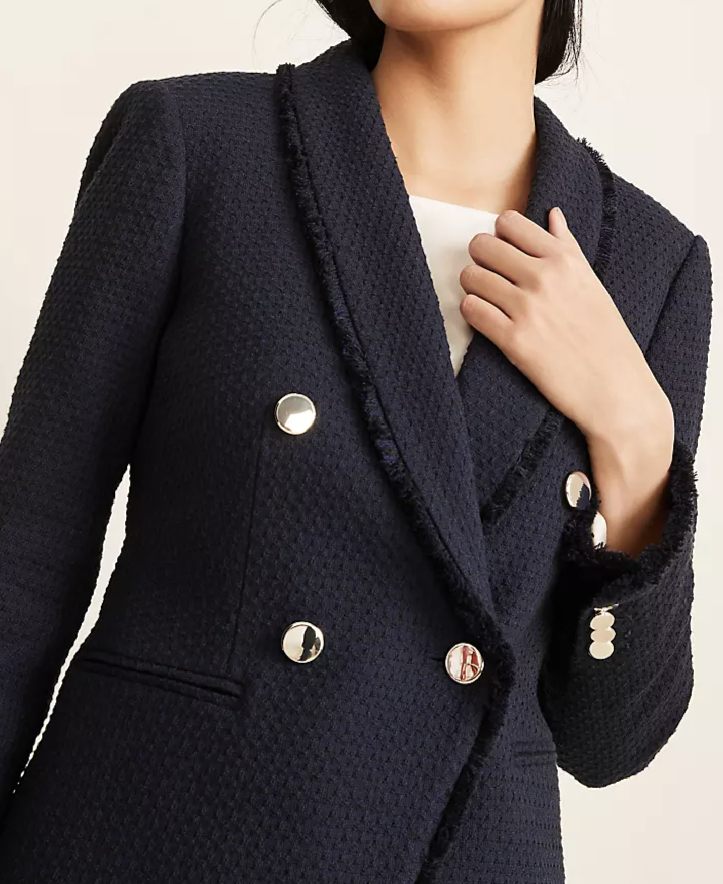 Ann Taylor Navy Blue Black Tweed Fringe Double Breasted Blazer Jacket Size 6