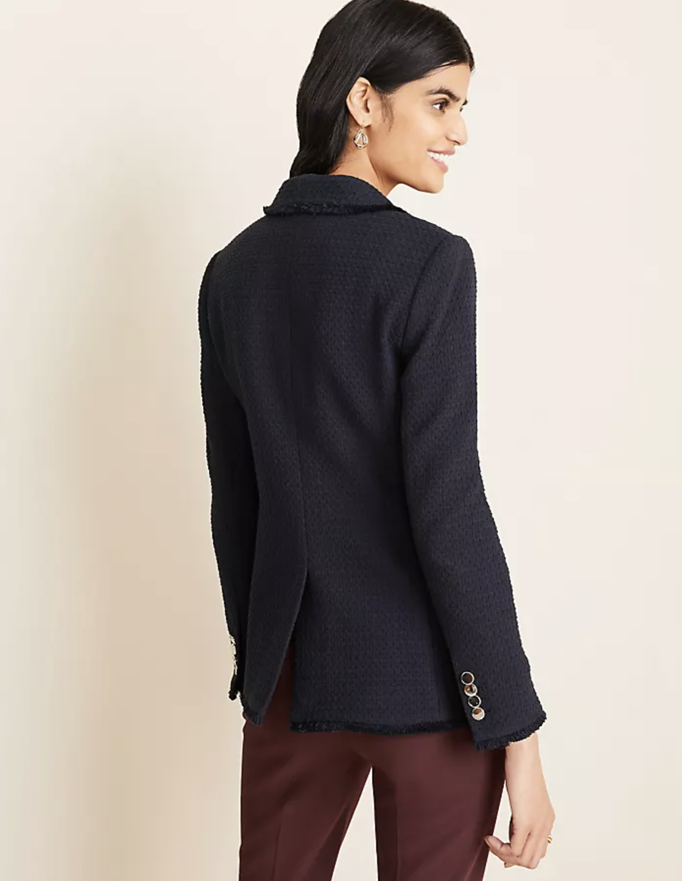 Ann Taylor Navy Blue Black Tweed Fringe Double Breasted Blazer Jacket Size 6