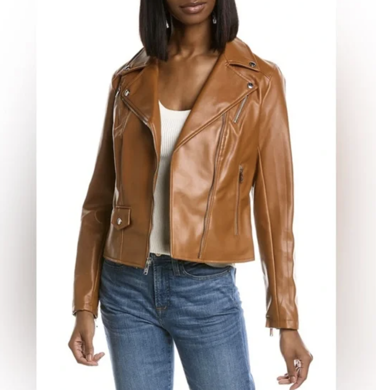 Sam Edelman Caramel Brown Faux Leather Vegan Moto Jacket Size M Zip Front