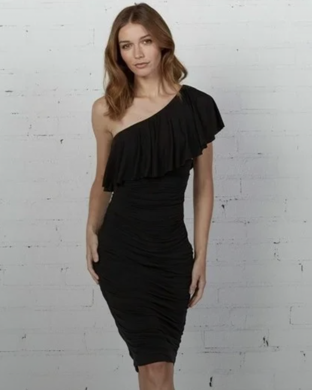NWT Bailey 44 Anthropologie Black One Shoulder Ruffle Ruched Barbados Dress Sz M