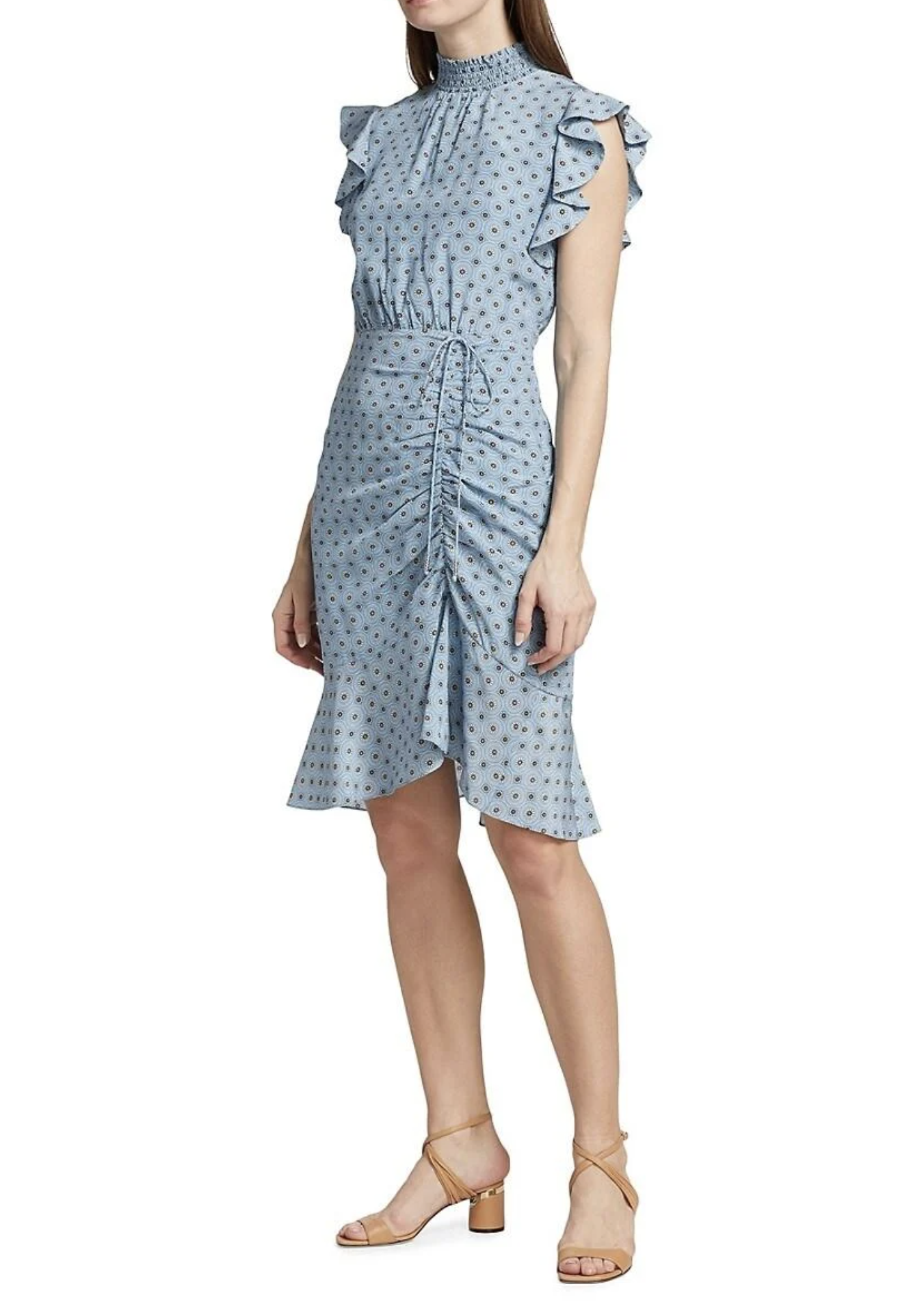 Elie Tahari Isabella Blue Silk Floral Mock Neck Ruched Sheath Dress Size 8