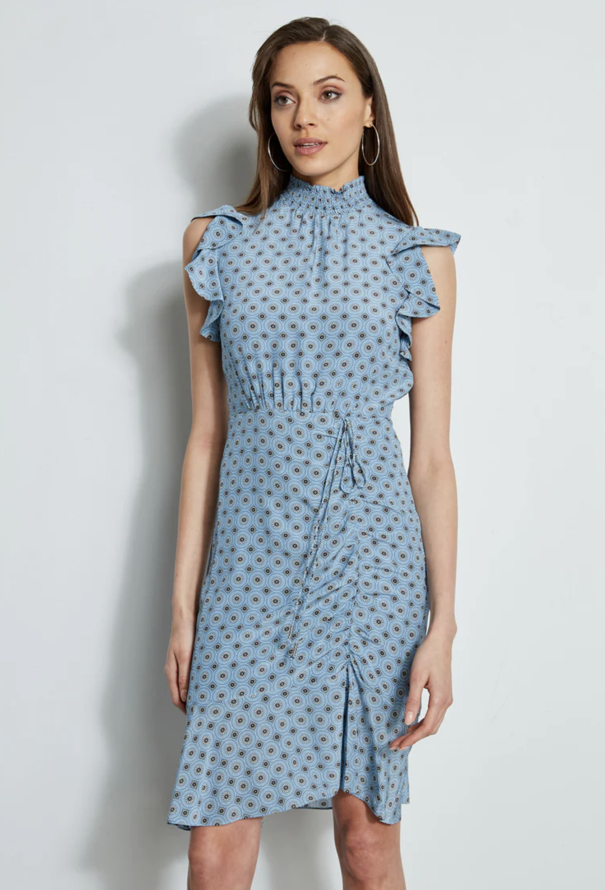 Elie Tahari Isabella Blue Silk Floral Mock Neck Ruched Sheath Dress Size 8