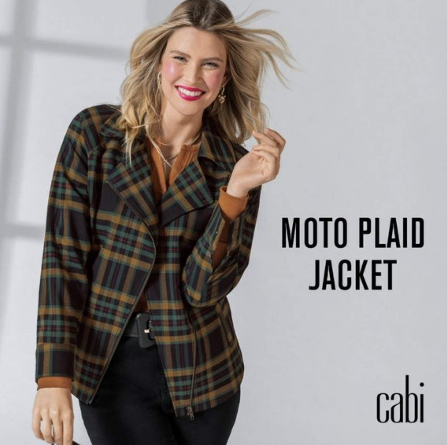 CAbi Black Green Zip Front Fall Plaid Moto Jacket Size XL Style 4401