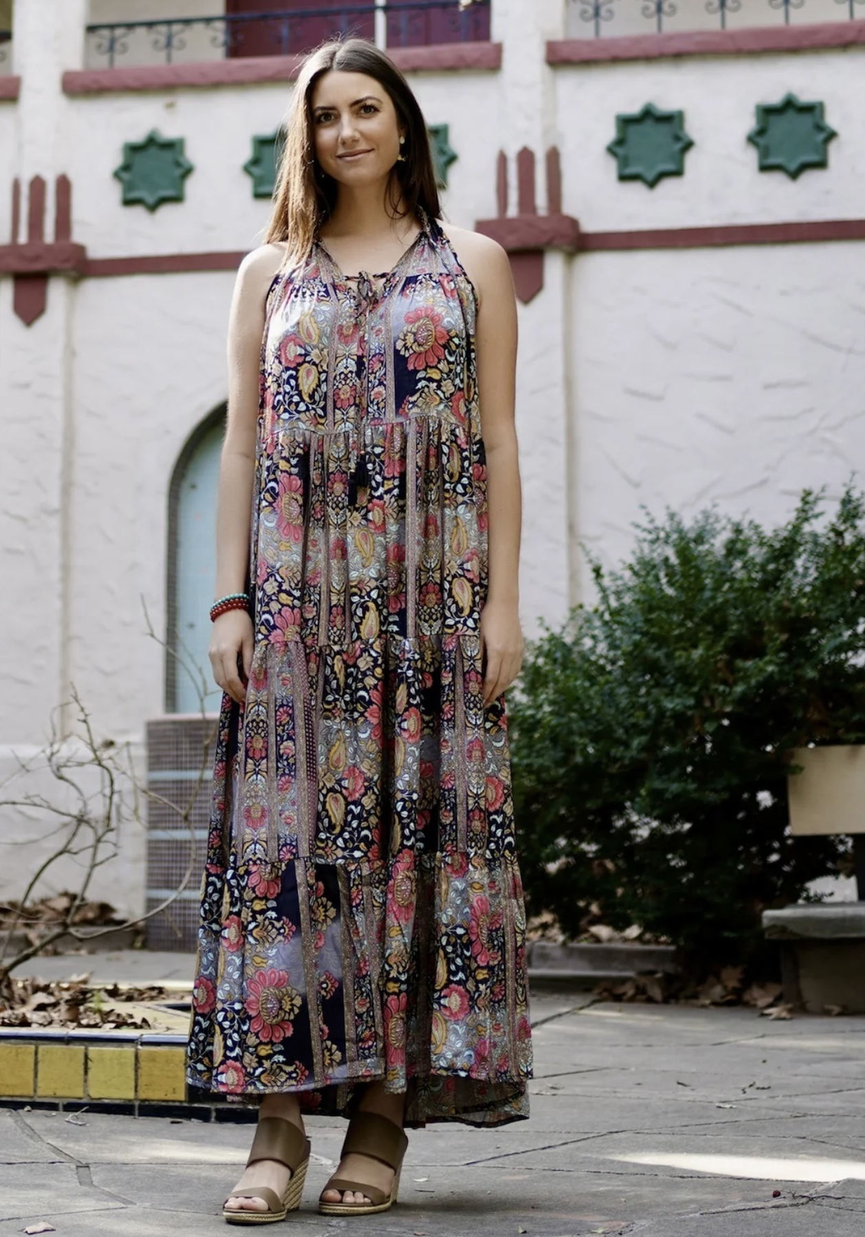 Dolma Silk Blend Sleeveless Tie Neck Paisley Print Maxi Dress Size M / L Boho