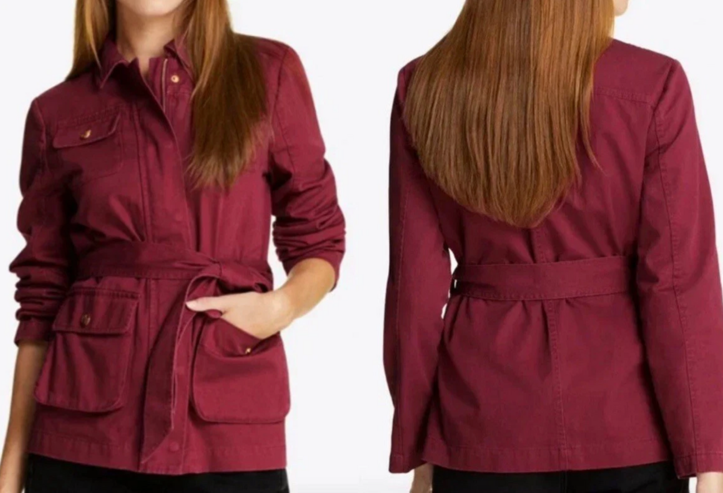 Draper James Red Twill Field Jacket in Deep Berry Size M Zip Front Tie Waist