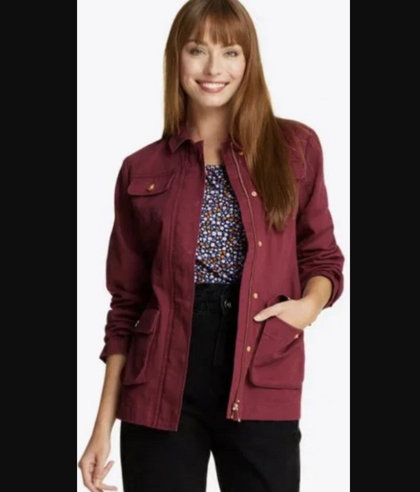 Draper James Red Twill Field Jacket in Deep Berry Size M Zip Front Tie Waist