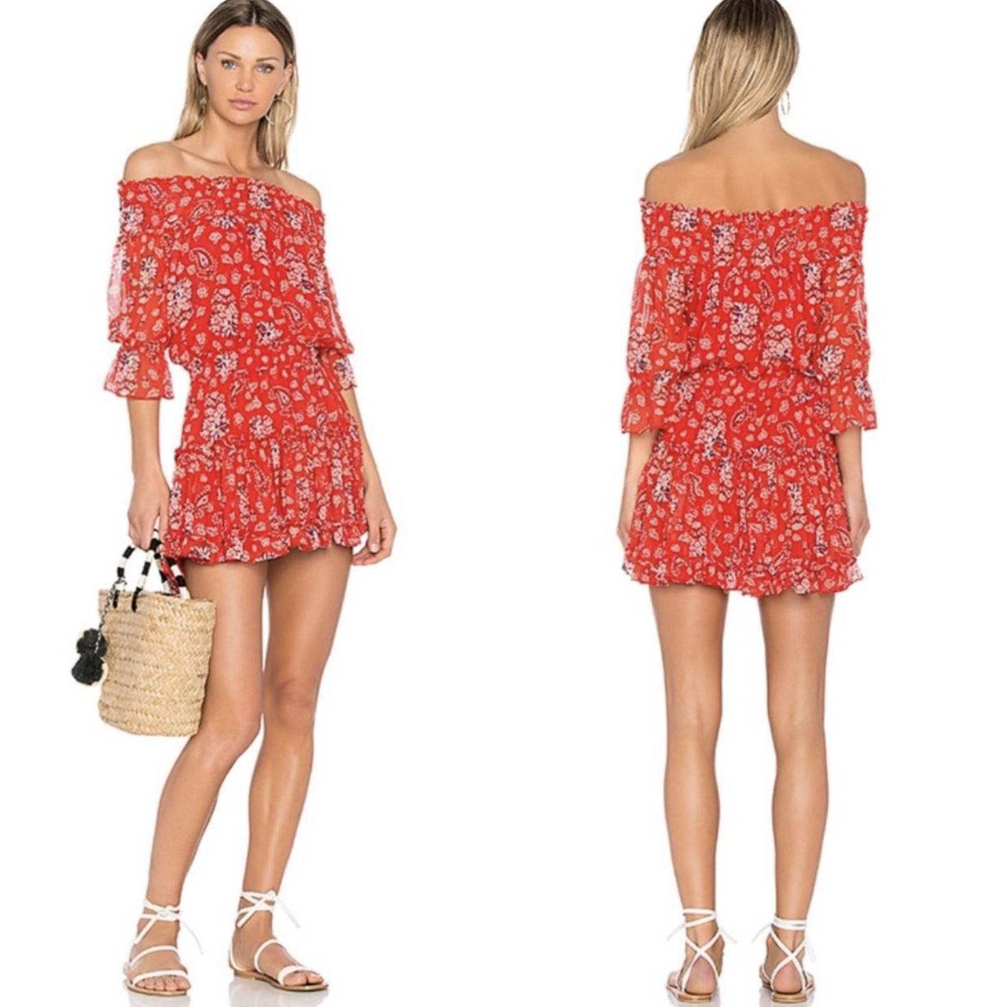 Misa Los Angeles Darla Red Paisley Print Smocked Off the Shoulder Mini Dress S