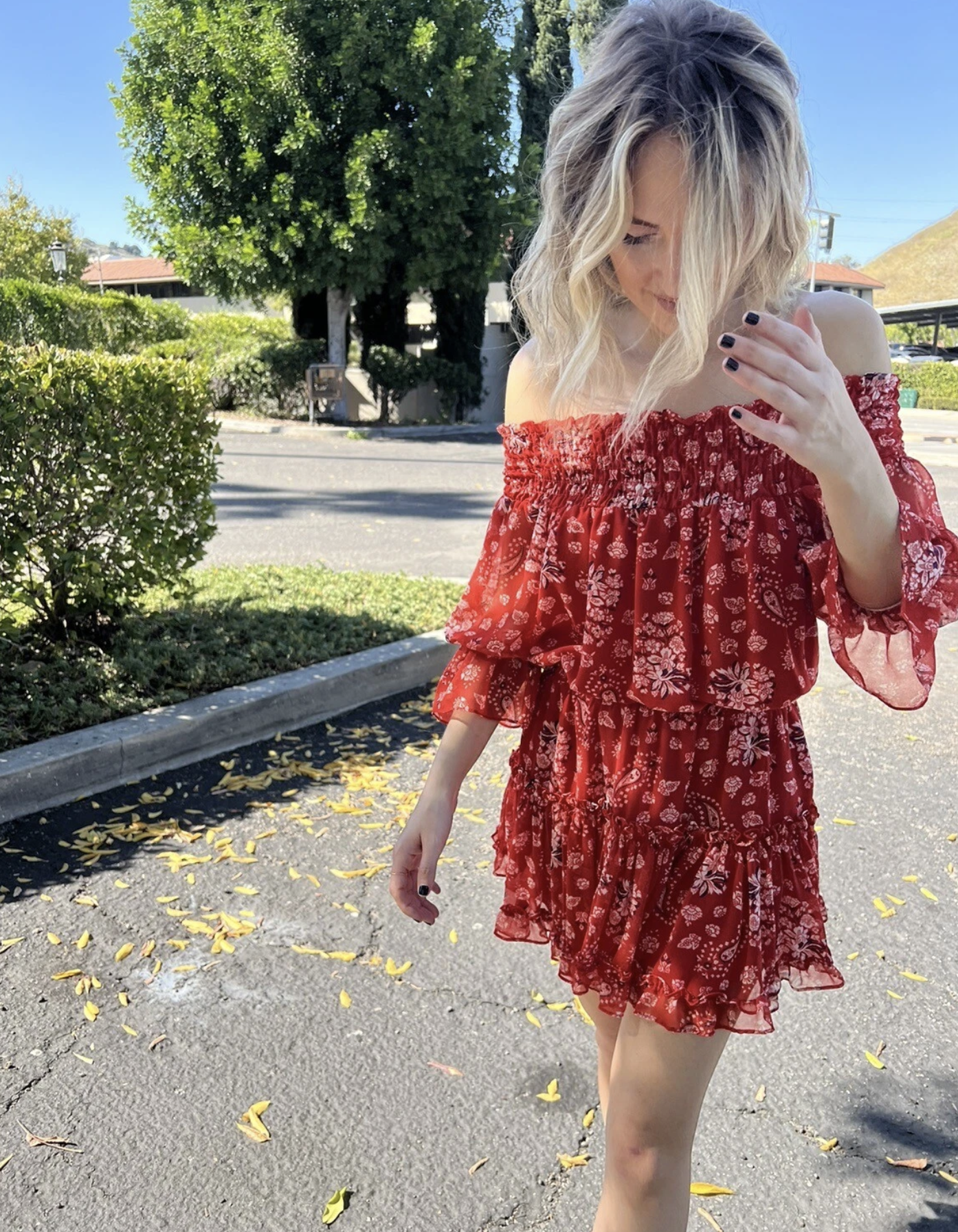 Misa Los Angeles Darla Red Paisley Print Smocked Off the Shoulder Mini Dress S