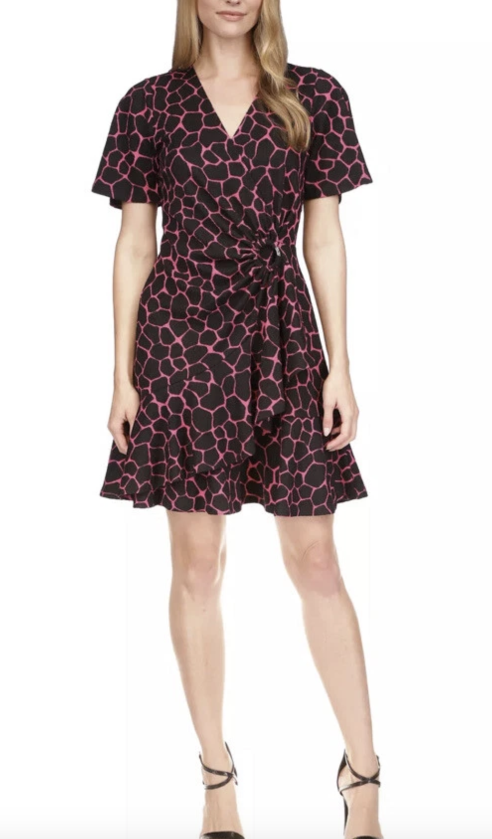 NWT Michael Kors Black Pink Ruffle Faux Wrap Dress Size S Giraffe Print Flounce