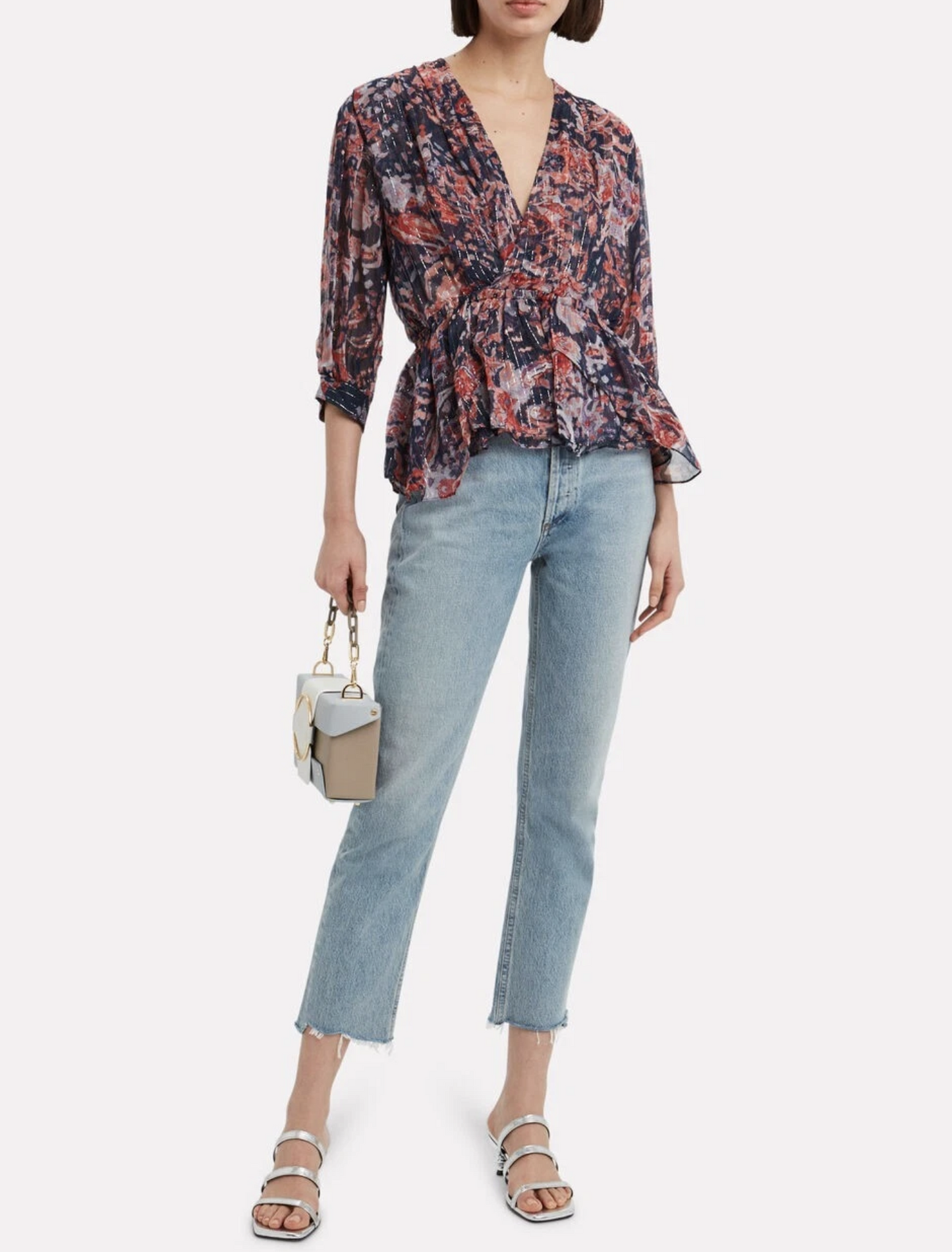 New IRO Saola Metallic Wrap Effect Peplum Top Blouse Size 40 Blue Paisley NWOT