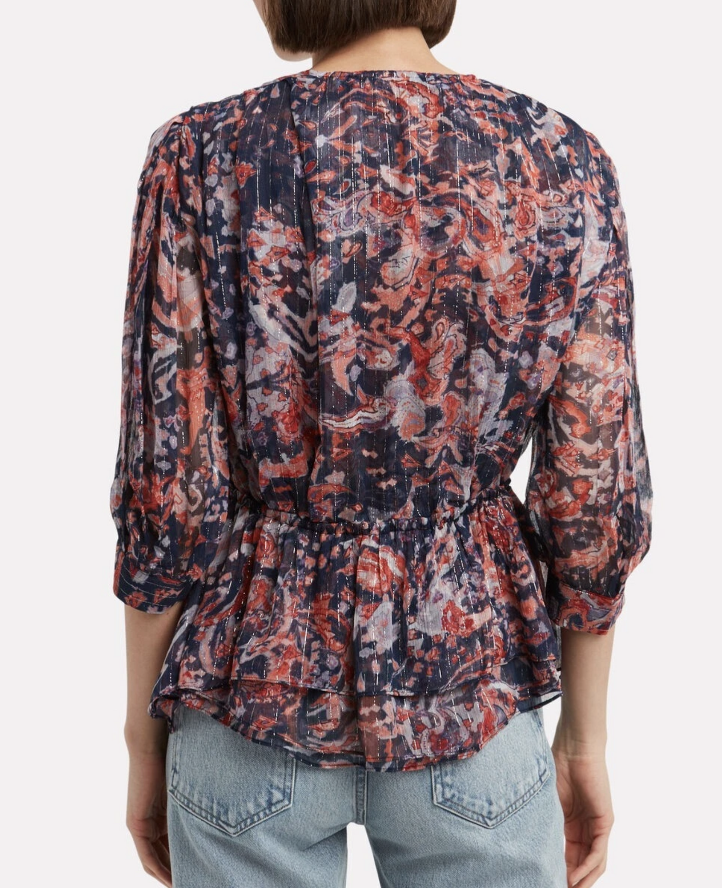 New IRO Saola Metallic Wrap Effect Peplum Top Blouse Size 40 Blue Paisley NWOT