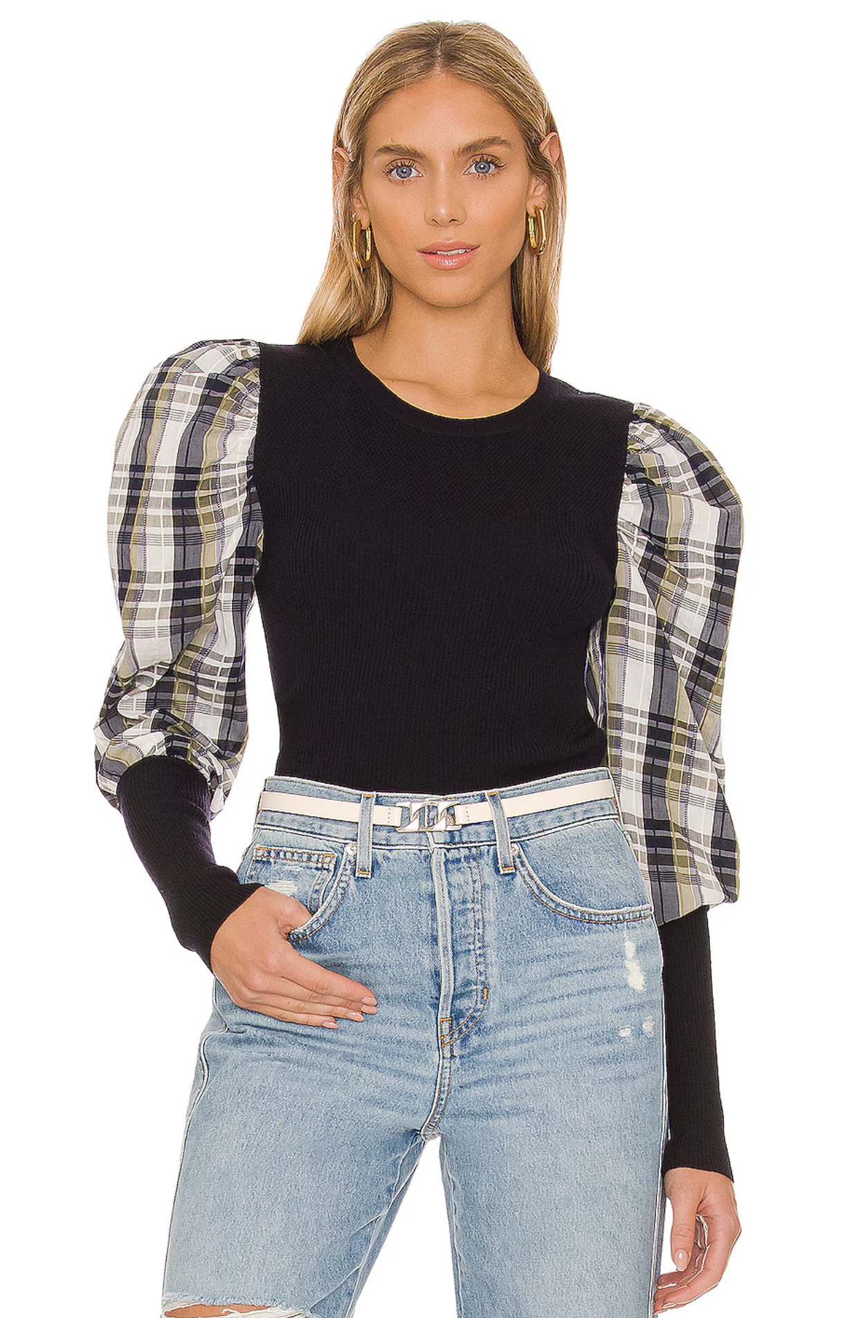 Veronica Beard Leila Plaid Puff Sleeve Ribbed Knit Sweater Top Size XL Wool