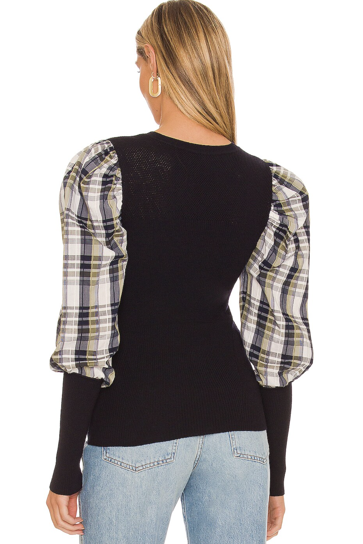 Veronica Beard Leila Plaid Puff Sleeve Ribbed Knit Sweater Top Size XL Wool